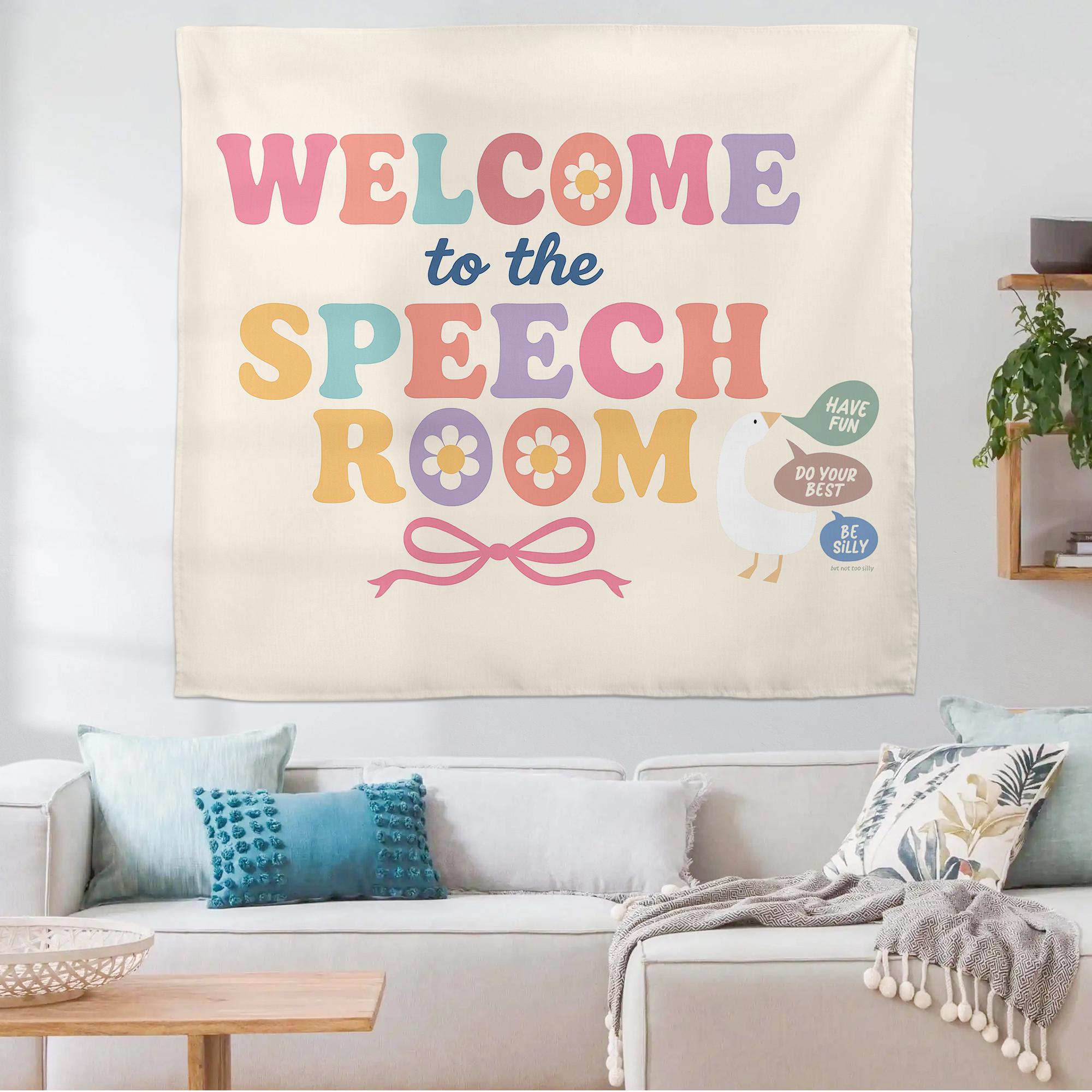 Welcome to Speech Room Tapestry – Classroom Wall Decor for SLPs, Therapy Office, Motivational Banner for Speech Language Pathologists