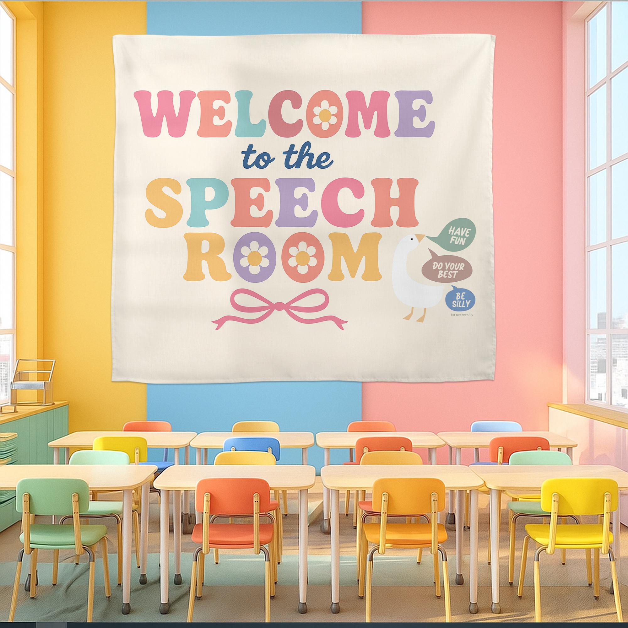 Welcome to Speech Room Tapestry – Classroom Wall Decor for SLPs, Therapy Office, Motivational Banner for Speech Language Pathologists