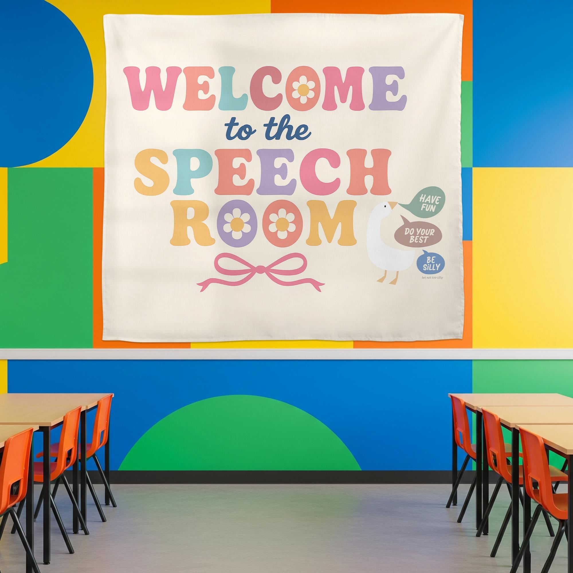 Welcome to Speech Room Tapestry – Classroom Wall Decor for SLPs, Therapy Office, Motivational Banner for Speech Language Pathologists