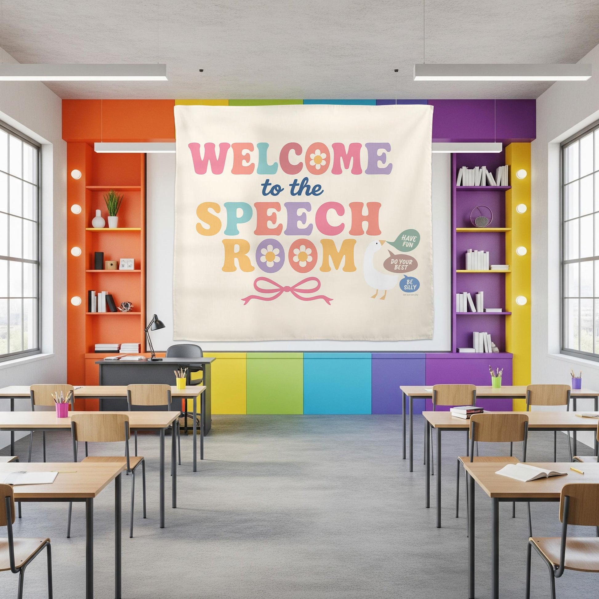 Welcome to Speech Room Tapestry – Classroom Wall Decor for SLPs, Therapy Office, Motivational Banner for Speech Language Pathologists