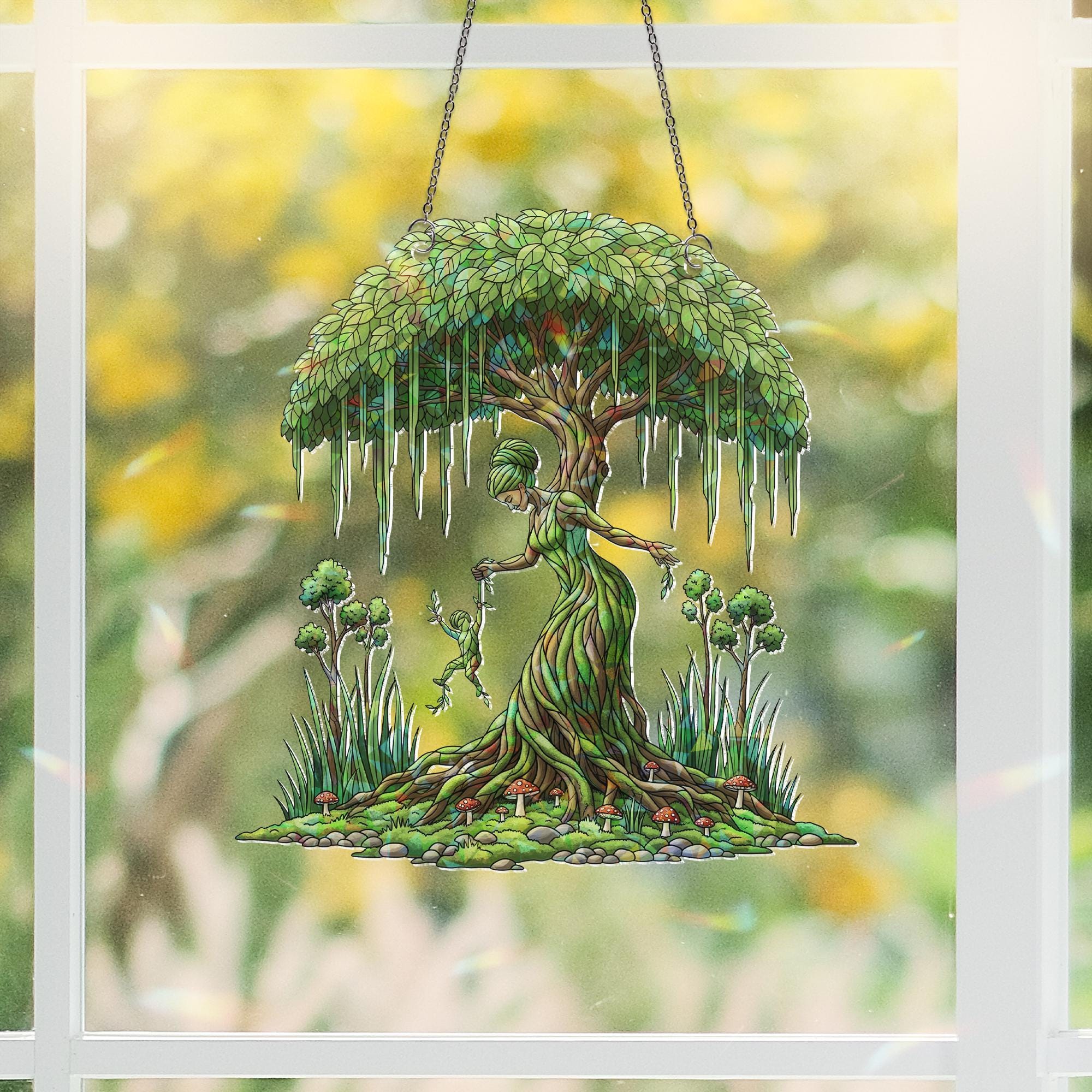 Tree Spirit Suncatcher Window Hanging – Mother Nature Forest Fairy Decor, Botanical Dryad Art Panel for Boho Sunlit Spaces & Gifts