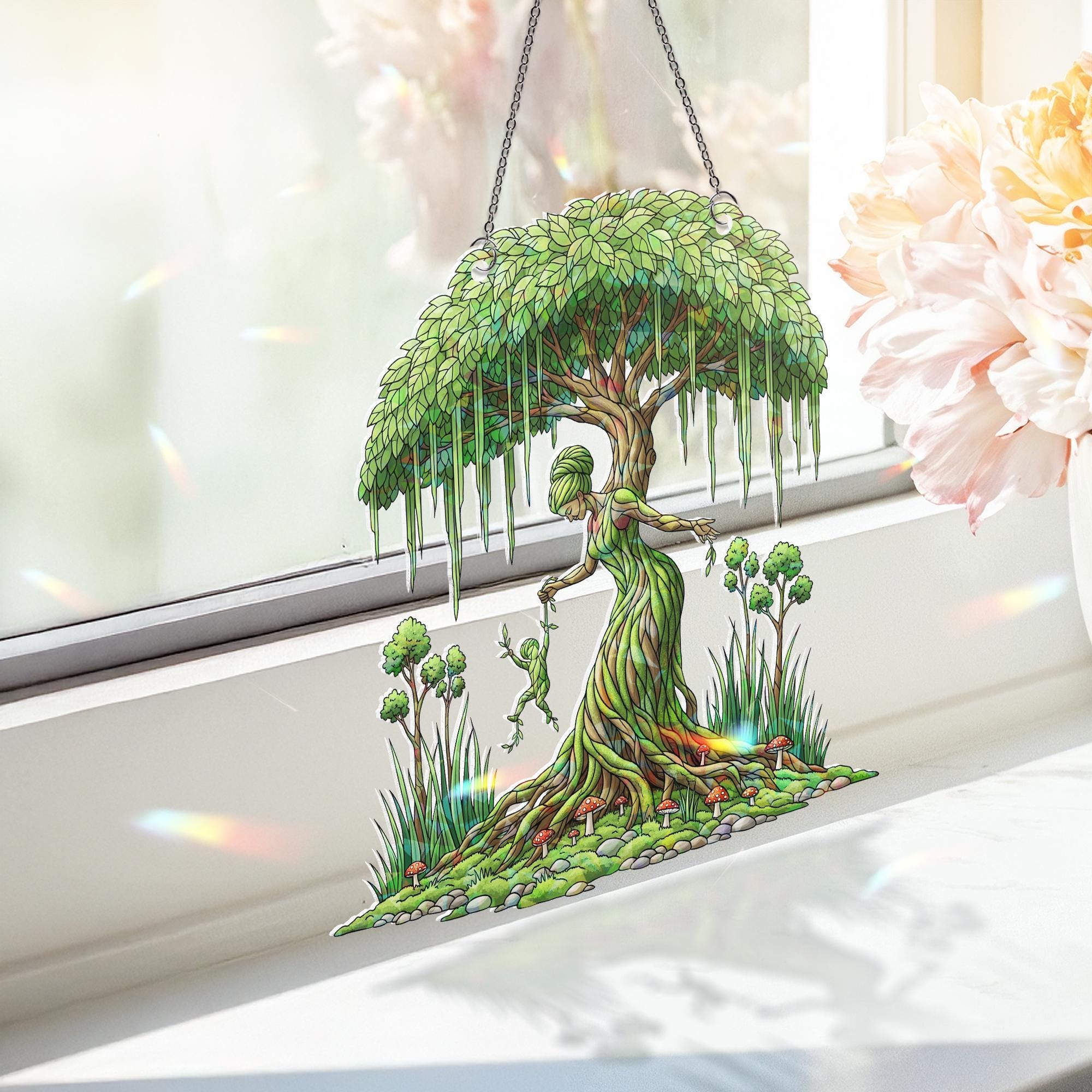 Tree Spirit Suncatcher Window Hanging – Mother Nature Forest Fairy Decor, Botanical Dryad Art Panel for Boho Sunlit Spaces & Gifts