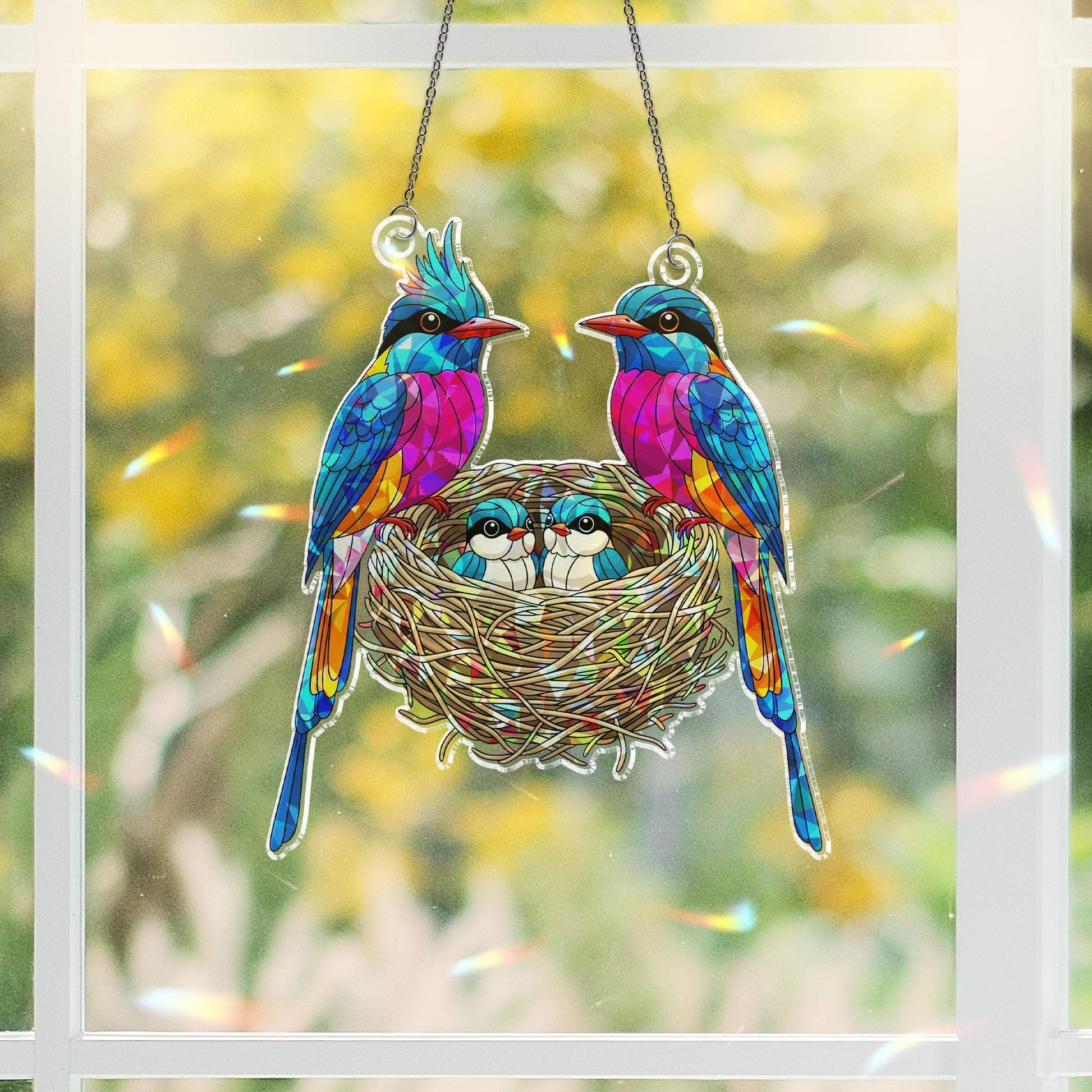 Colorful Bird Family Window Suncatcher – Stained Glass Look Hanging Decor for Bird Lovers, Spring Gift, Nature Sunlight Catcher