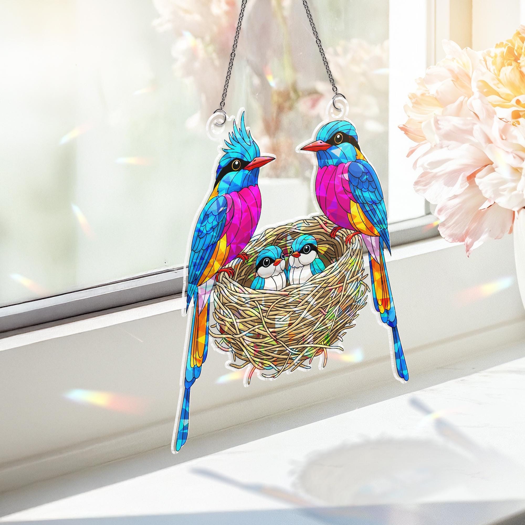 Colorful Bird Family Window Suncatcher – Stained Glass Look Hanging Decor for Bird Lovers, Spring Gift, Nature Sunlight Catcher