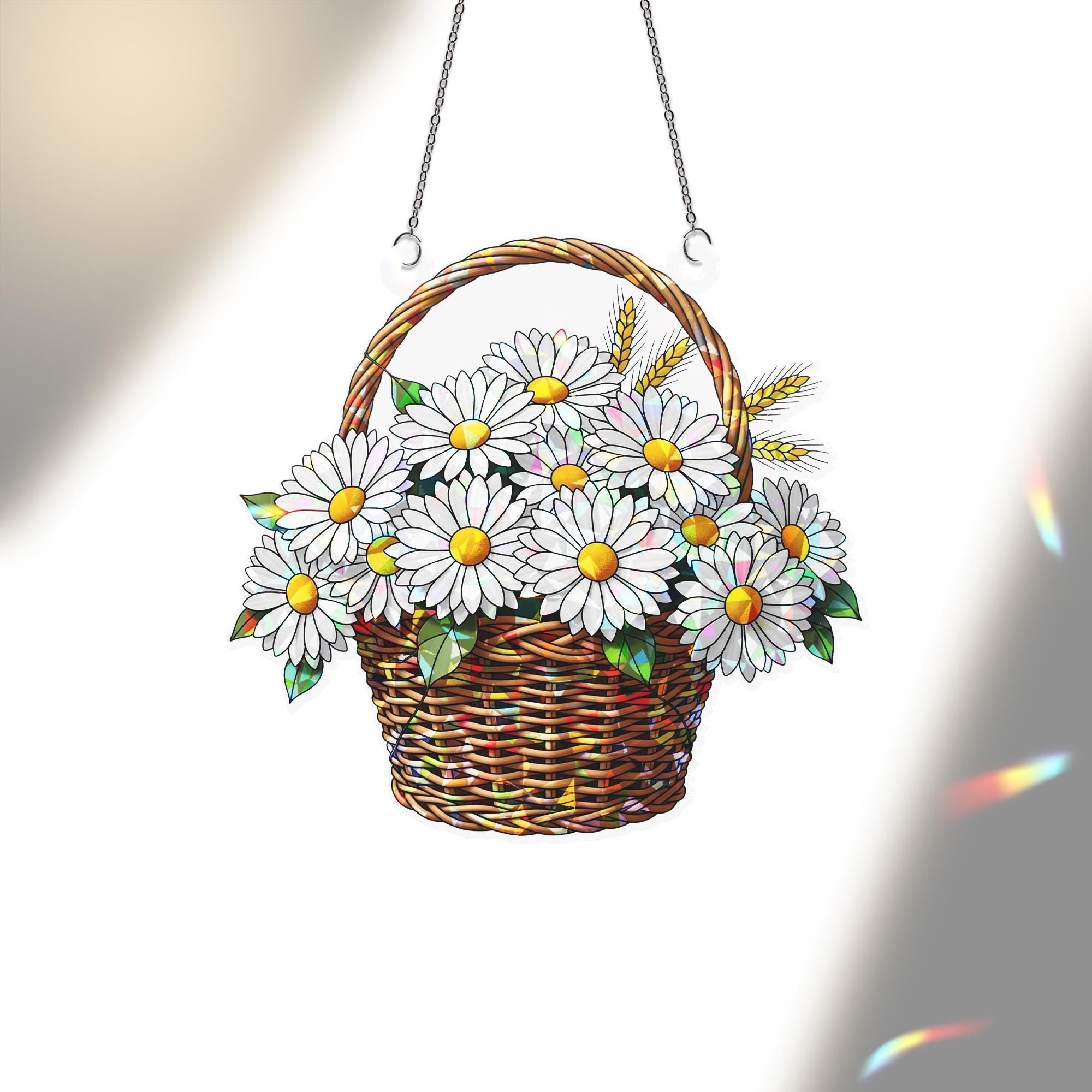 Daisy Basket Suncatcher – Stained Glass Look Window Hanging Floral Decor, Spring Gift for Mom, Cottagecore Daisy Window Ornament
