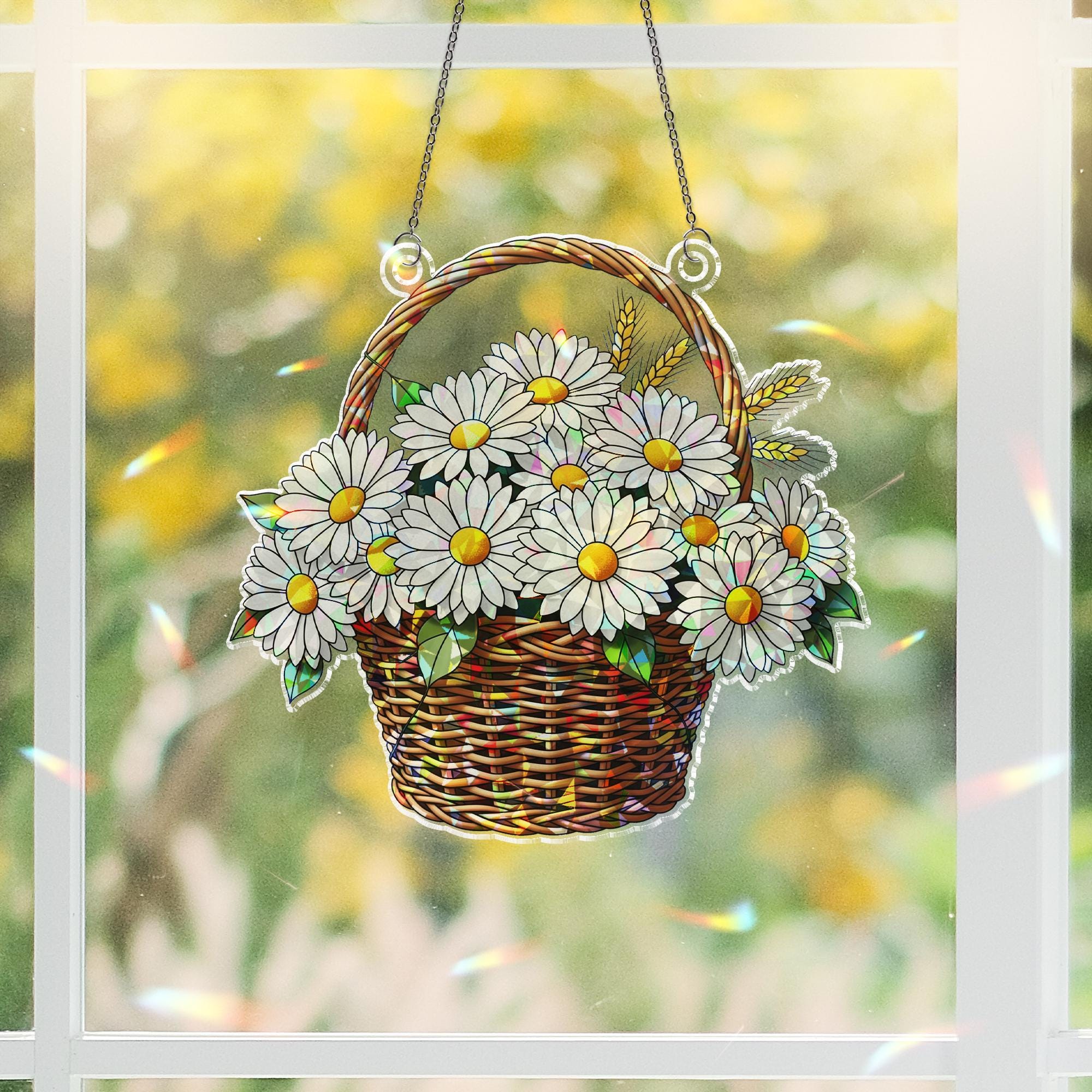 Daisy Basket Suncatcher – Stained Glass Look Window Hanging Floral Decor, Spring Gift for Mom, Cottagecore Daisy Window Ornament