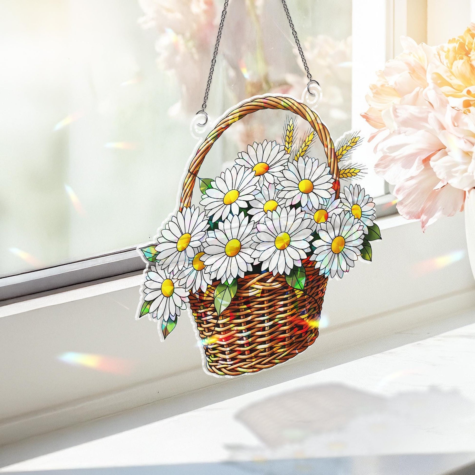 Daisy Basket Suncatcher – Stained Glass Look Window Hanging Floral Decor, Spring Gift for Mom, Cottagecore Daisy Window Ornament