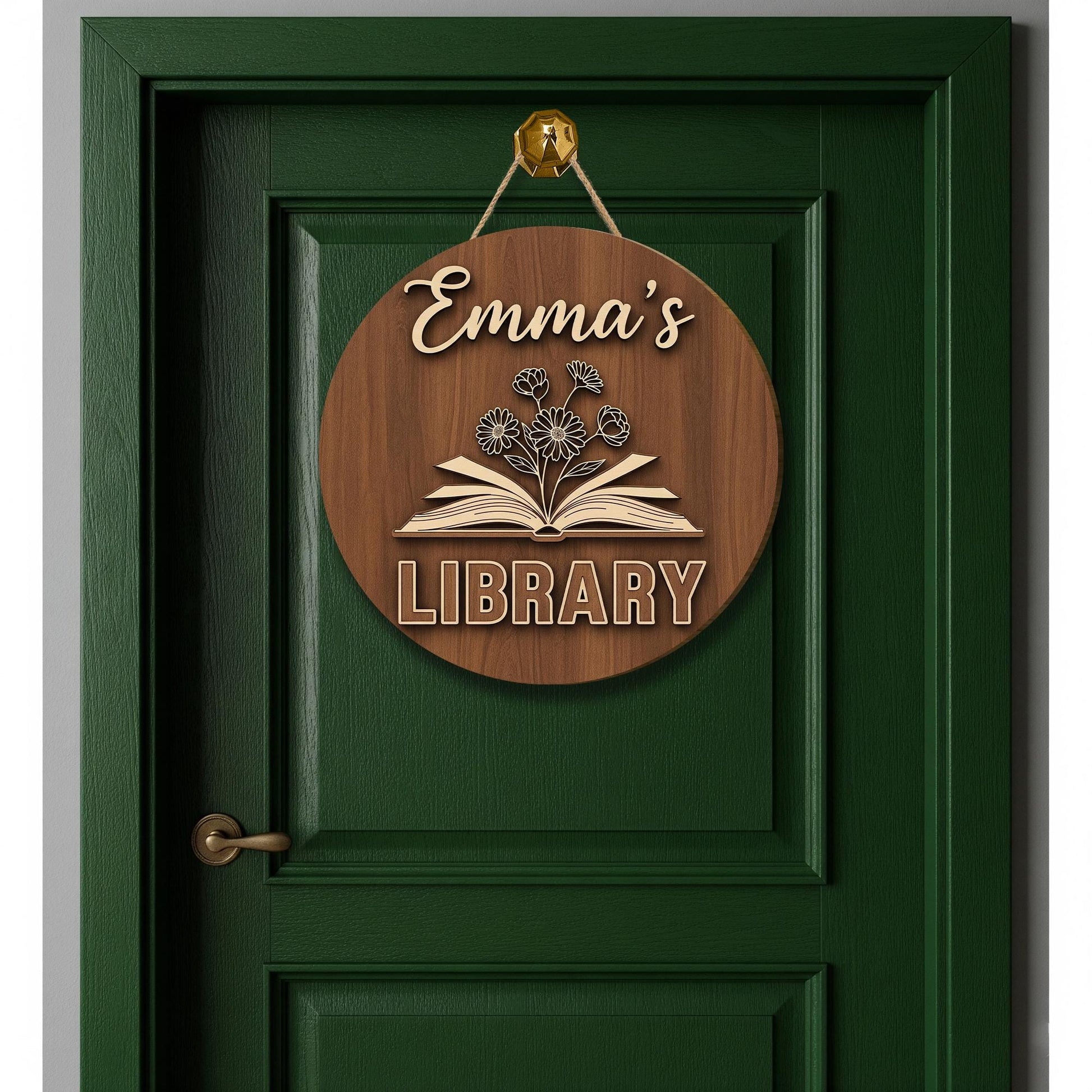 Personalized Library Door Hanger,  Library Round Wood Sign, Custom Book Lover Decor, Wooden Book Room Plaque