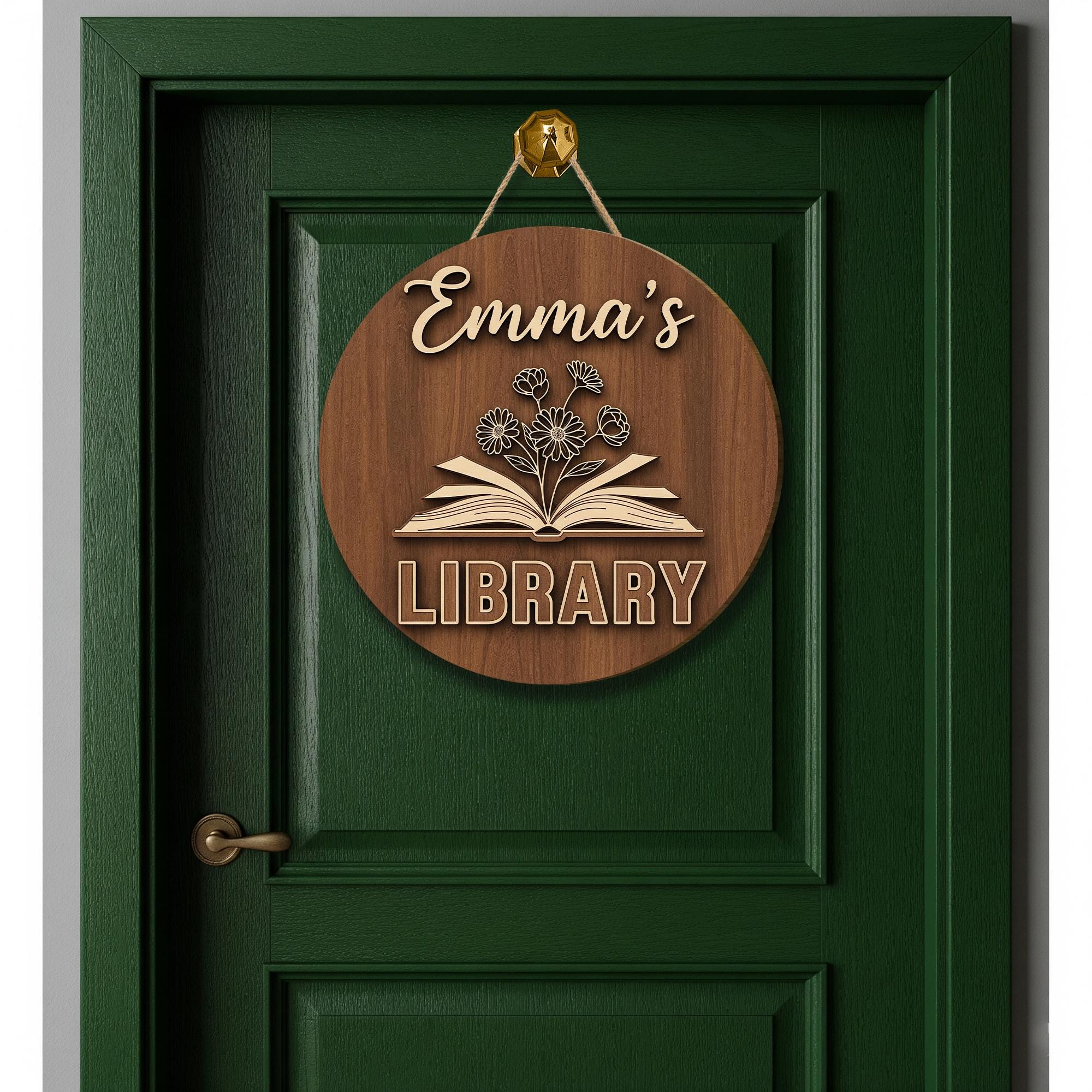 Personalized Library Door Hanger,  Library Round Wood Sign, Custom Book Lover Decor, Wooden Book Room Plaque