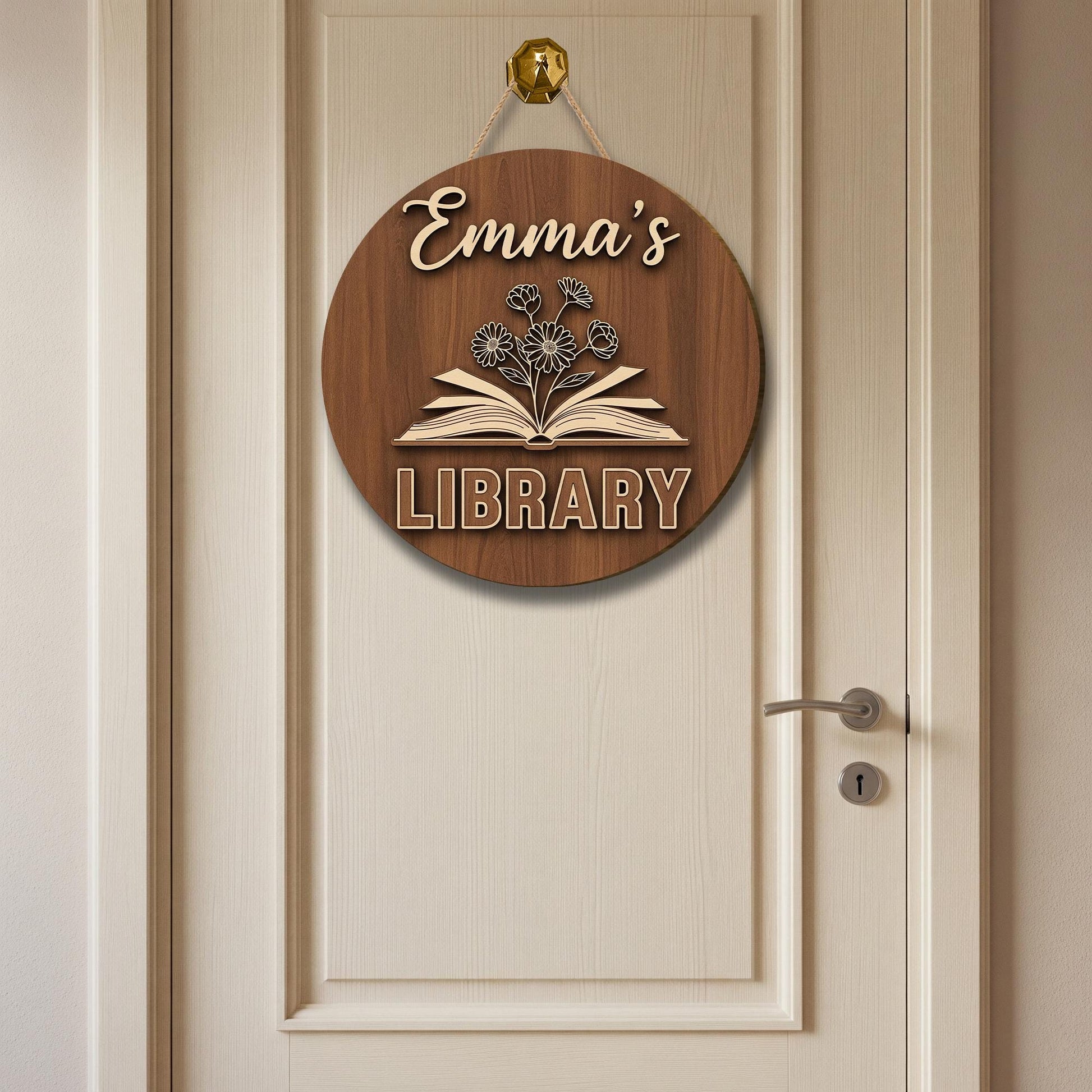 Personalized Library Door Hanger,  Library Round Wood Sign, Custom Book Lover Decor, Wooden Book Room Plaque