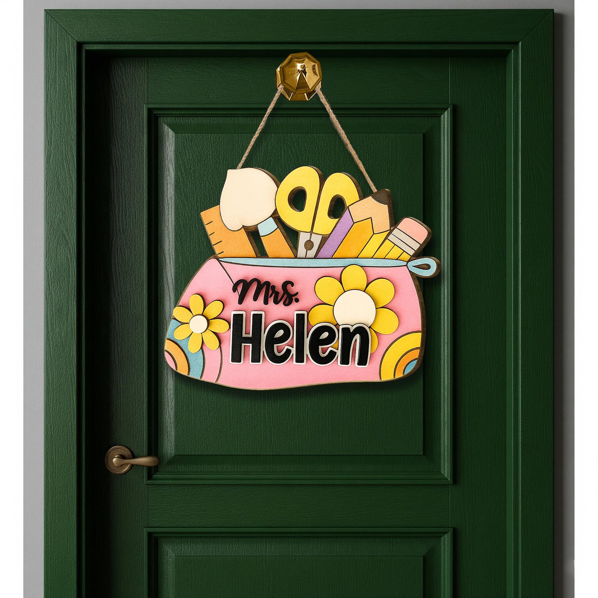 Custom Teacher School Supplies Door Sign with Name – Classroom Pencil Pouch Wall Hanger – Personalized Back to School Gift for Teachers