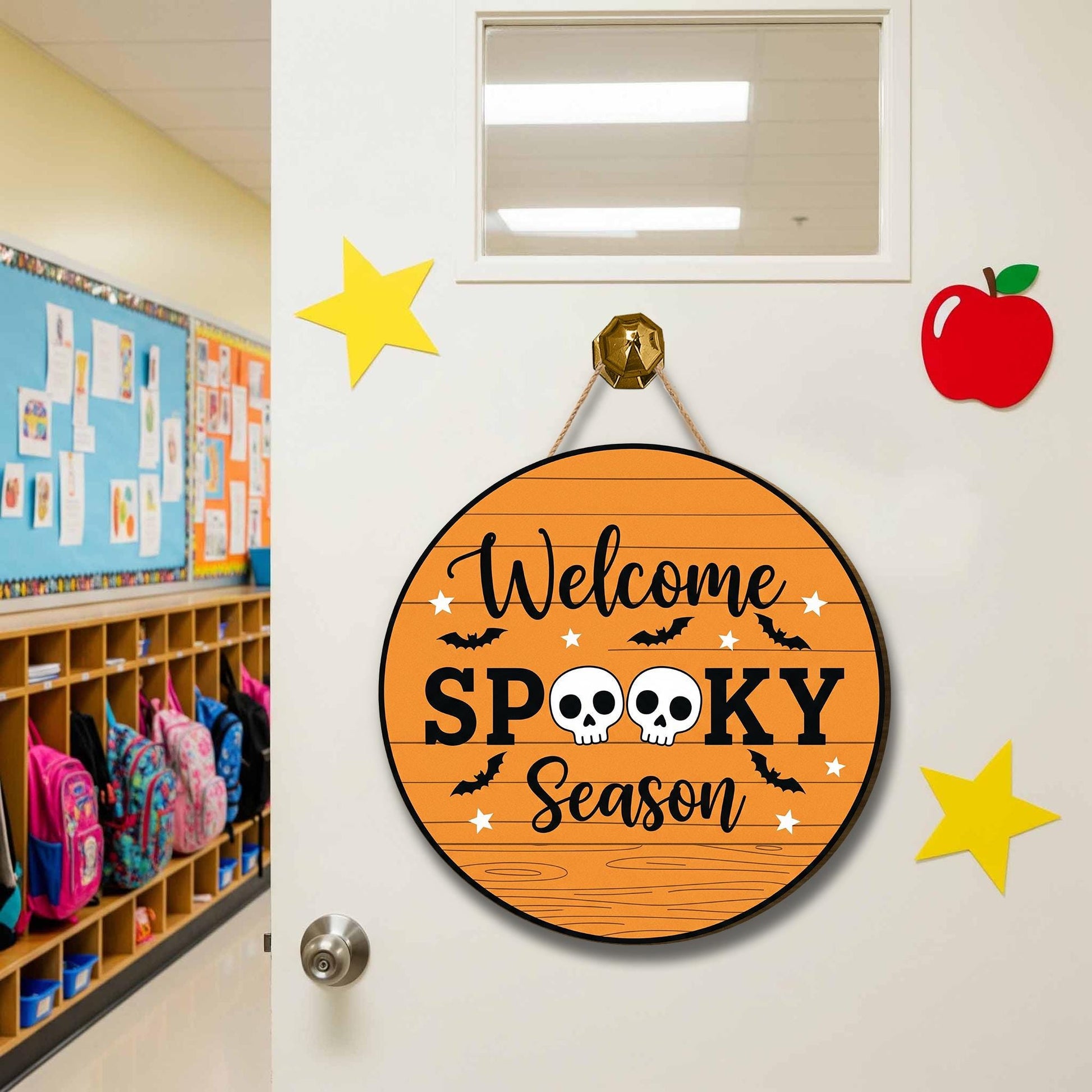 Welcome Spooky Season Sign, Round Halloween Door Hanger, Orange Skull & Bats Porch Décor, Seasonal Fall Welcome Plaque