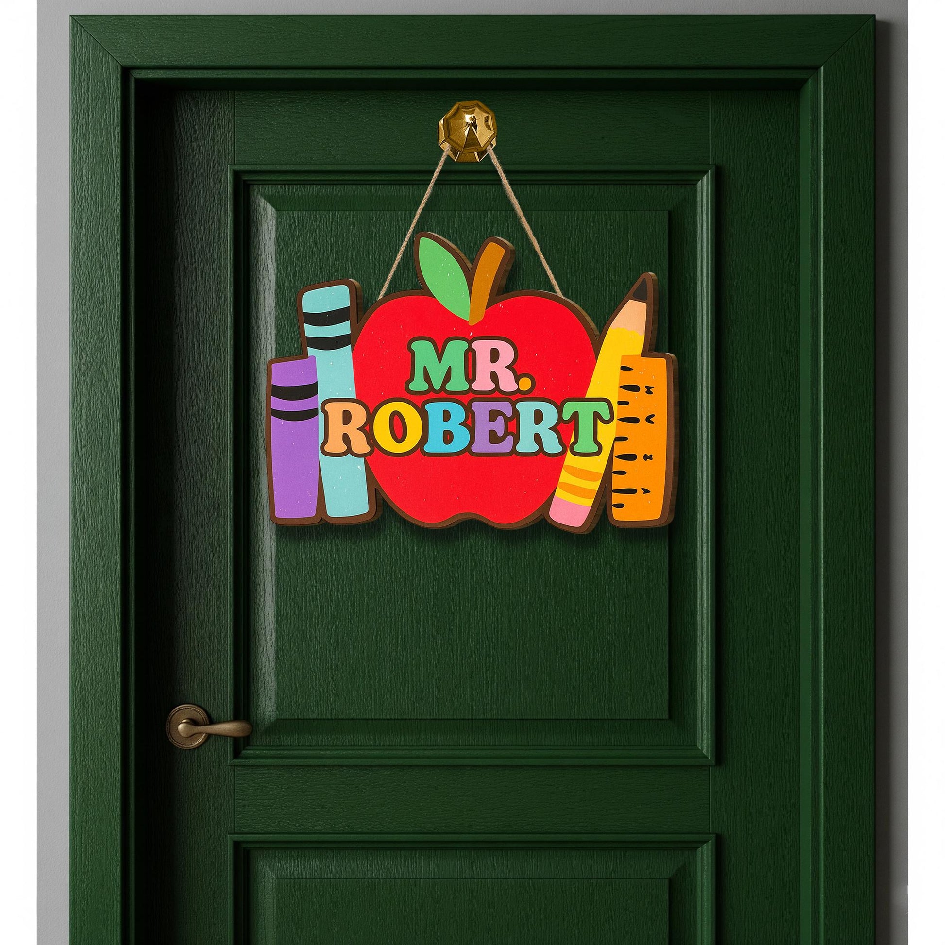 Personalized Teacher Door Sign – Back to School Apple Custom Name Sign with Crayons & Pencil, Classroom Decor Gift for Teacher, Educator