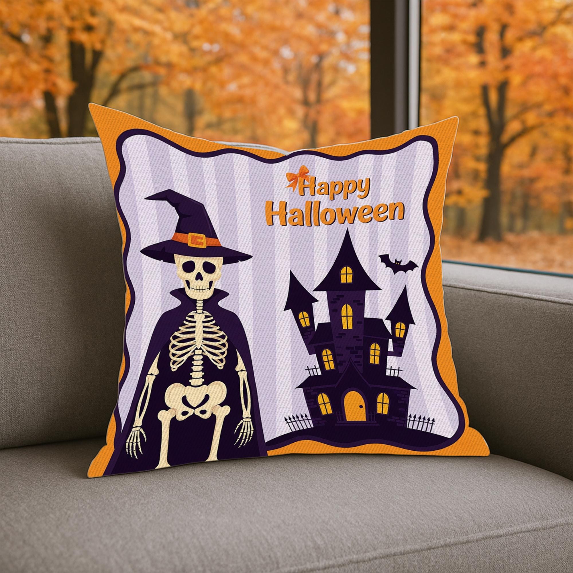 Halloween Pillow Cover, Spooky Skeleton Throw Pillow, Haunted House Cushion, Retro Fall Home Decor, Spooky Living Room Accent Pillow
