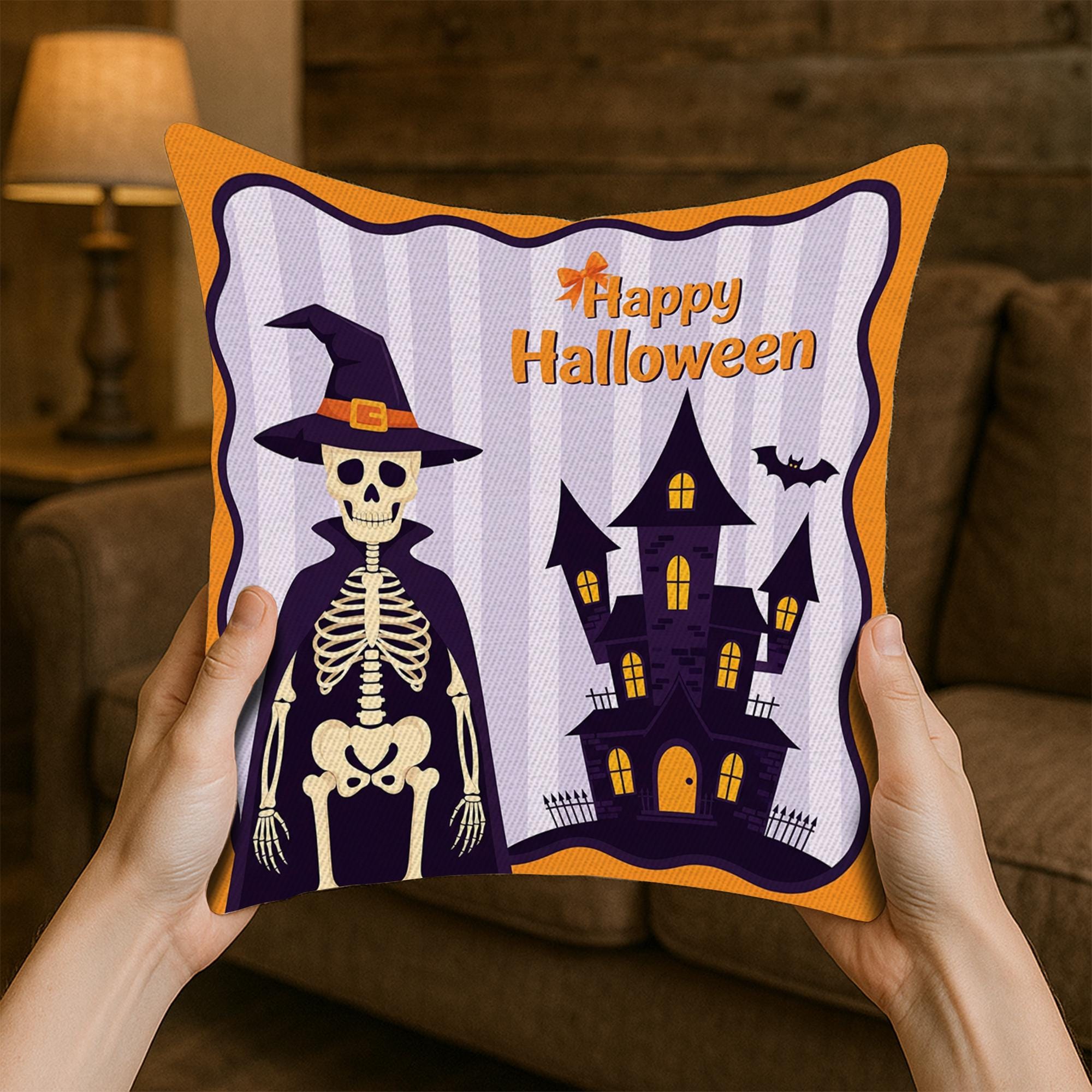 Halloween Pillow Cover, Spooky Skeleton Throw Pillow, Haunted House Cushion, Retro Fall Home Decor, Spooky Living Room Accent Pillow