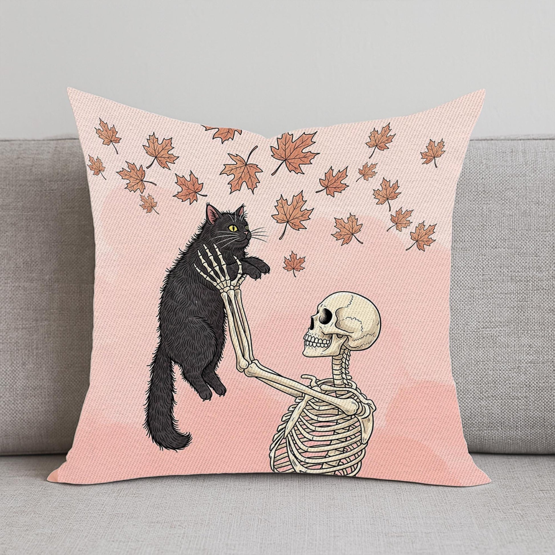 Skeleton and Cat Pillow, Gothic Black Cat Cushion Cover, Spooky Fall Throw Pillow, Pastel Goth Halloween Decor, Autumn Accent Pillow