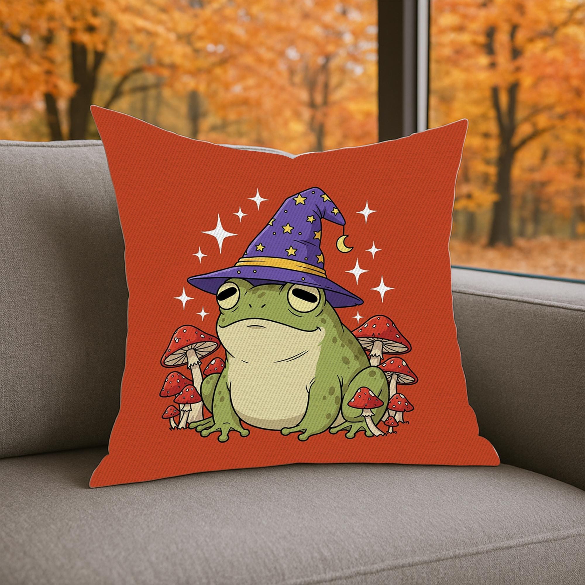 Wizard Frog Pillow, Cottagecore Mushroom Decor, Witchy Fall Throw Pillow, Goblincore Cushion Cover, Cute Frog Lover Gift