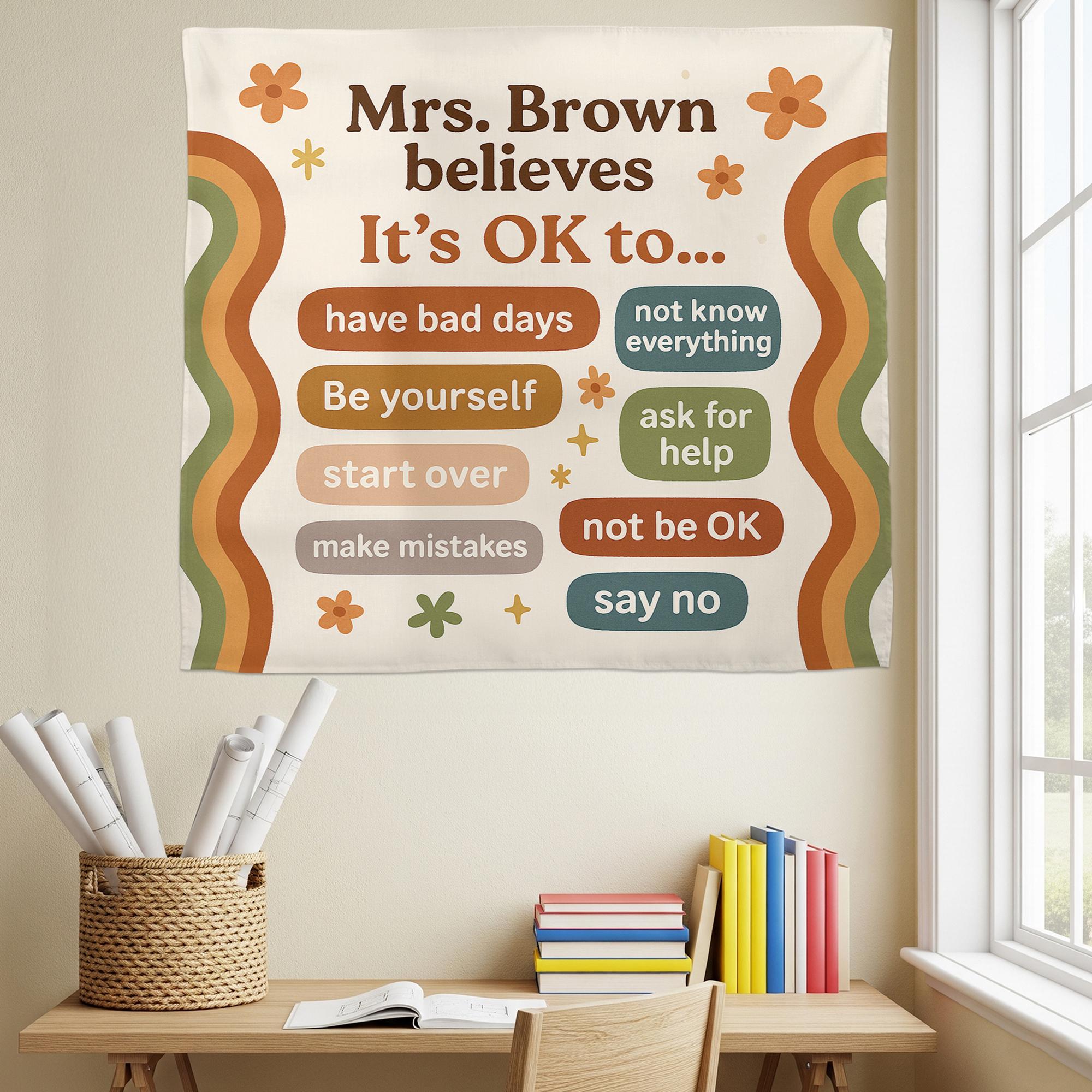Retro Classroom Decor Poster, It's OK to Classroom Banner, Mental Health Sign, SEL Teacher Tapestry, Positive Affirmation Wall Art