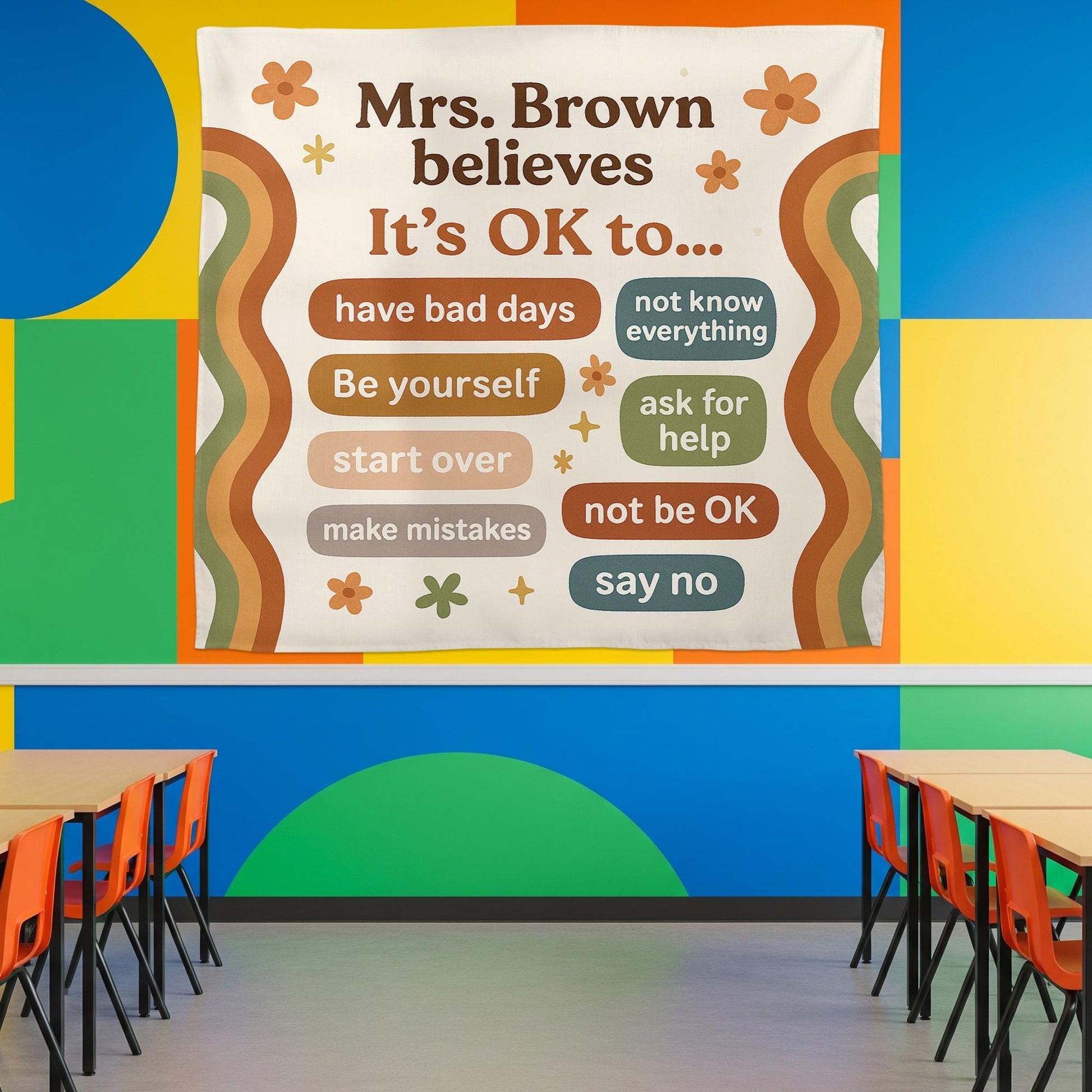 Retro Classroom Decor Poster, It's OK to Classroom Banner, Mental Health Sign, SEL Teacher Tapestry, Positive Affirmation Wall Art