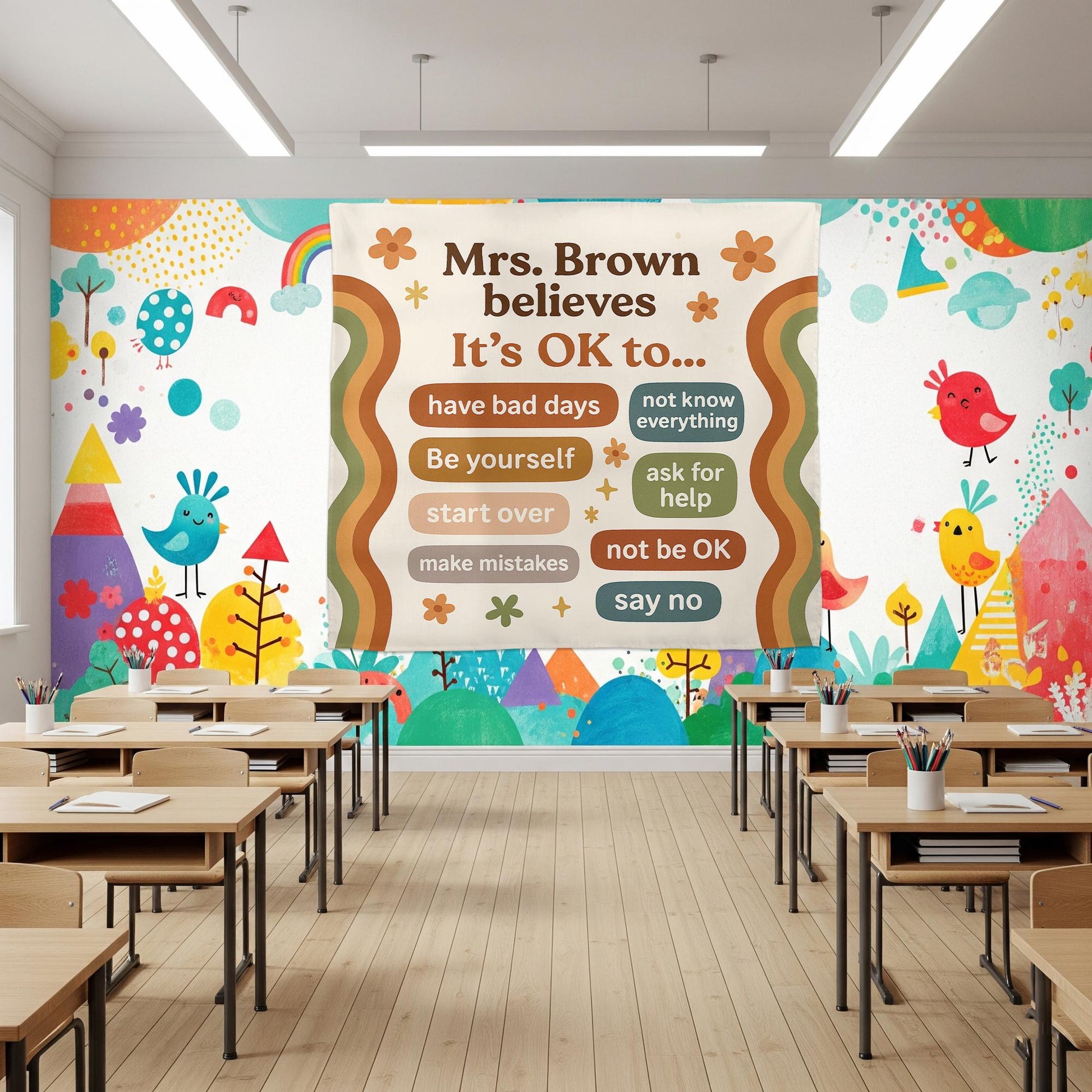 Retro Classroom Decor Poster, It's OK to Classroom Banner, Mental Health Sign, SEL Teacher Tapestry, Positive Affirmation Wall Art