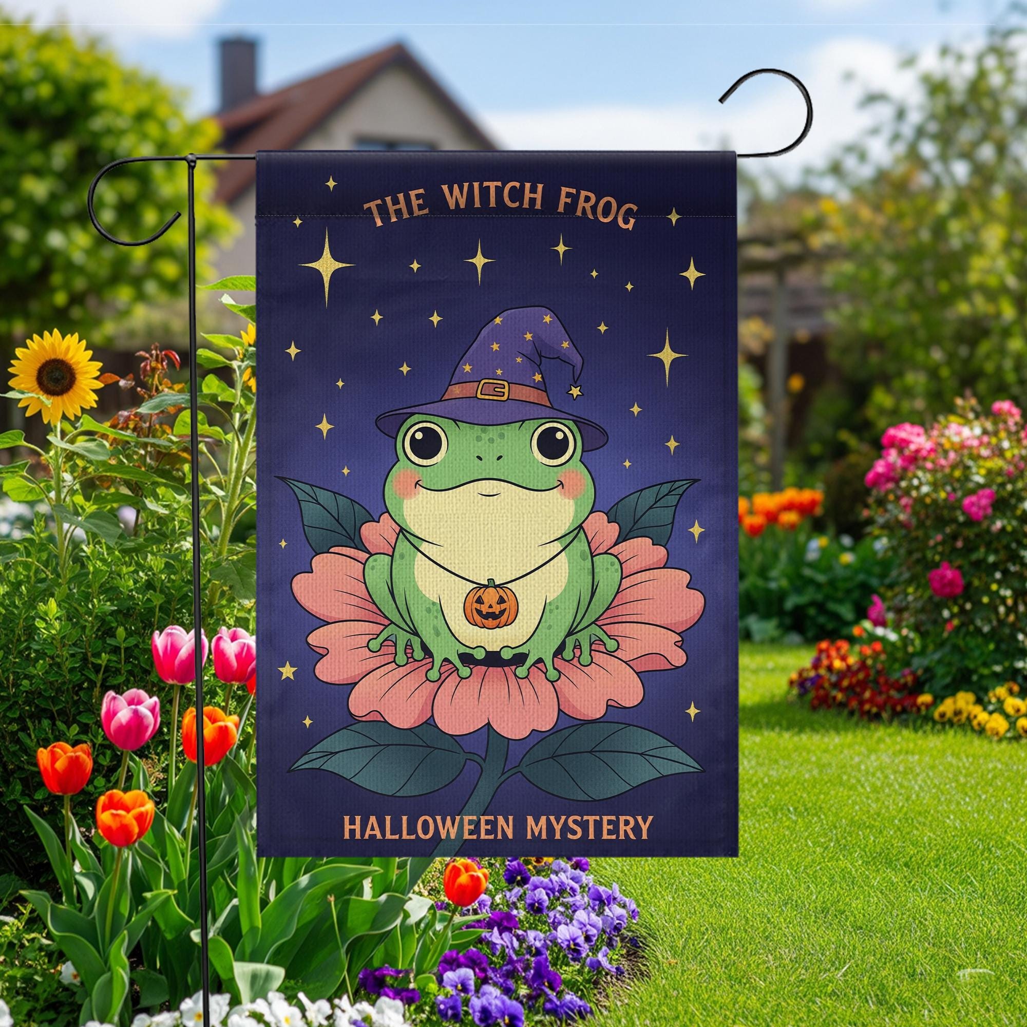 Witch Frog Halloween Garden Flag, Cute Cottagecore Yard Flag, Witchy Fall Lawn Decor, Spooky Outdoor Banner, Frog Lover Gift