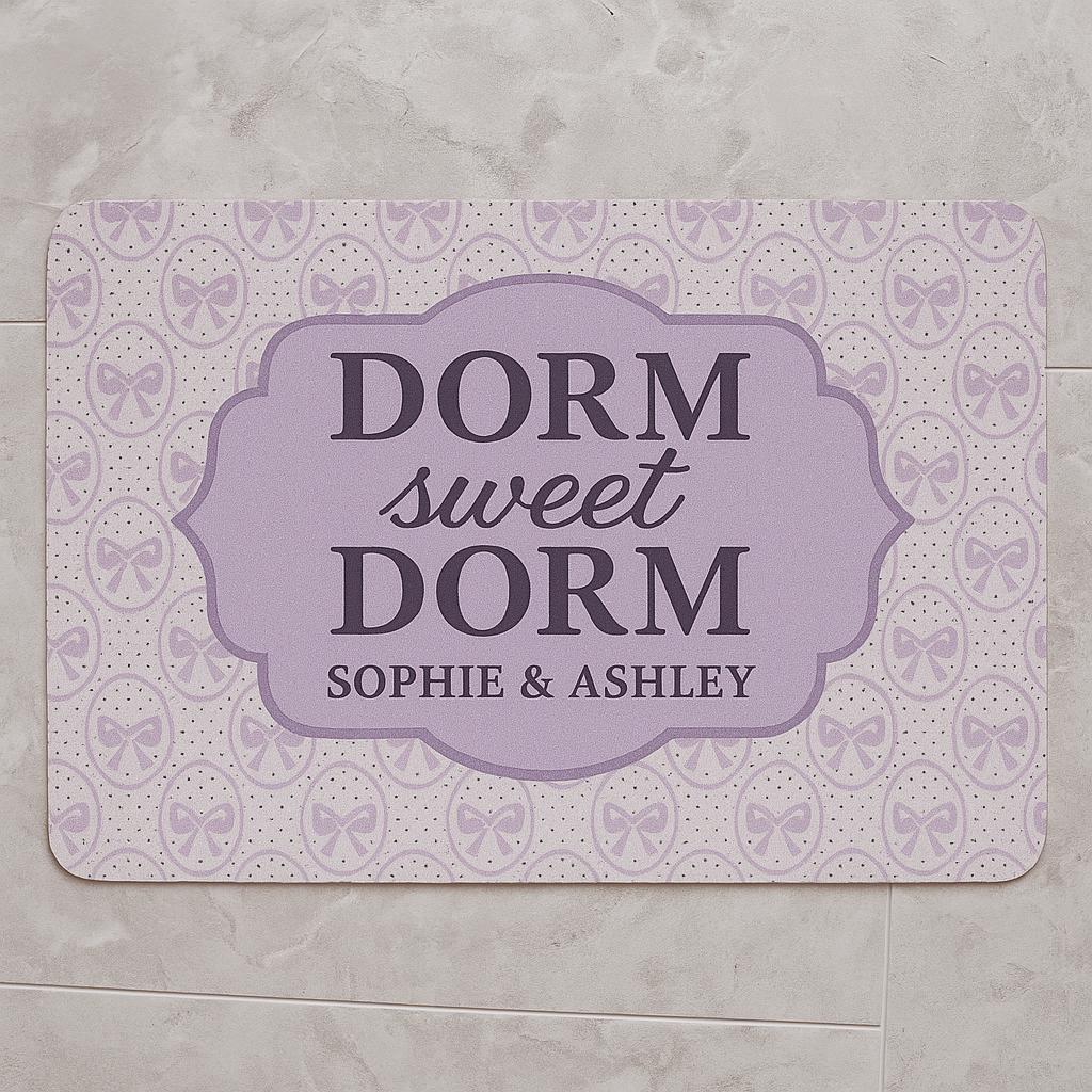 Dorm Sweet Dorm Mat, Personalized College Doormat, Custom Roommate Gift, Cute Bow Pattern Rug, Purple Dorm Decor
