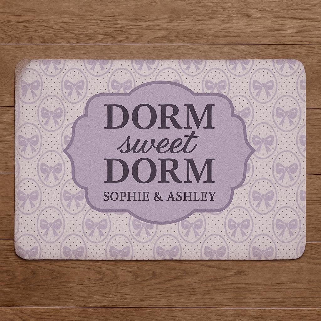 Dorm Sweet Dorm Mat, Personalized College Doormat, Custom Roommate Gift, Cute Bow Pattern Rug, Purple Dorm Decor