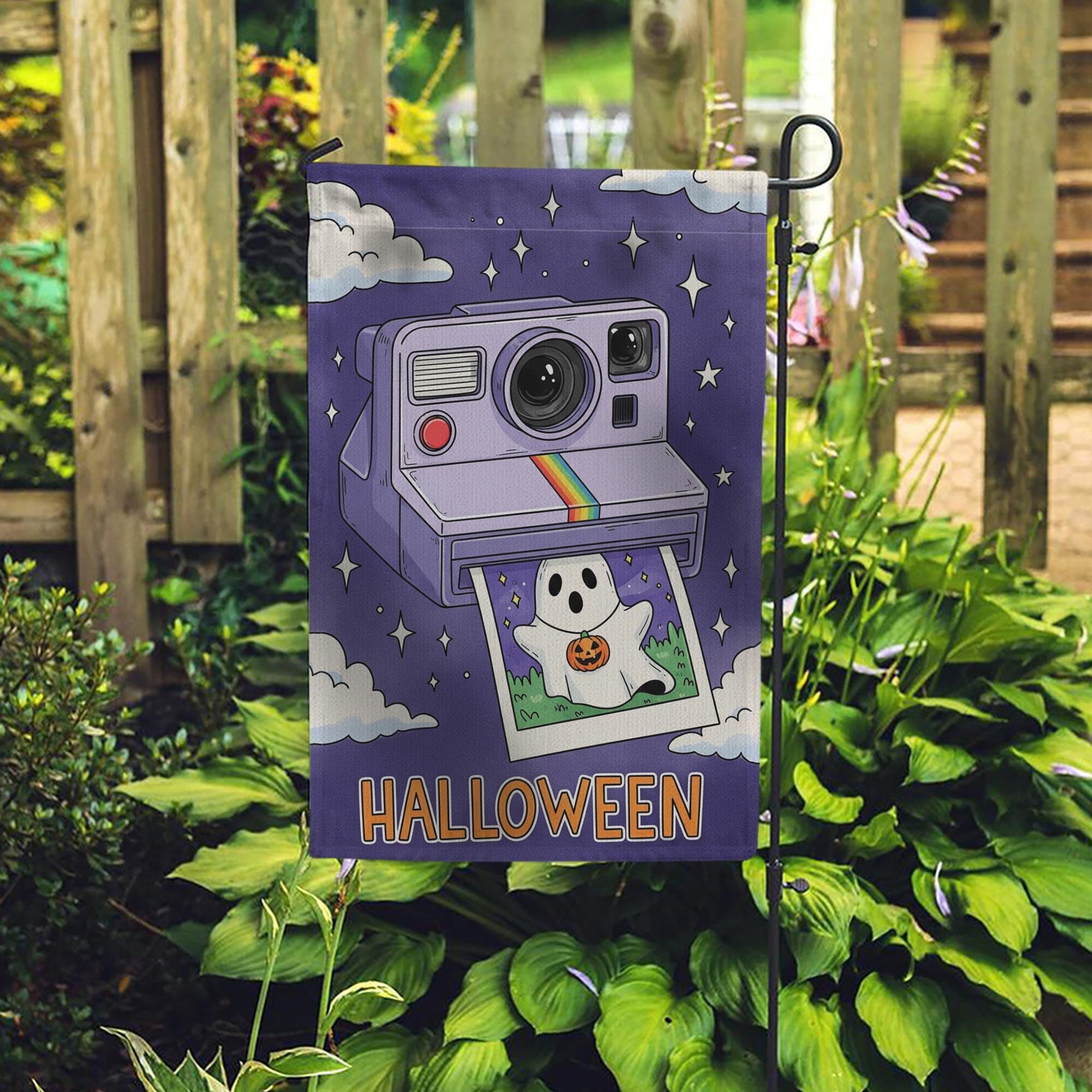 Retro Halloween Garden Flag, Cute Ghost Vintage Camera Yard Flag, Spooky Cute Fall Lawn Decor, 90s Style Outdoor Banner