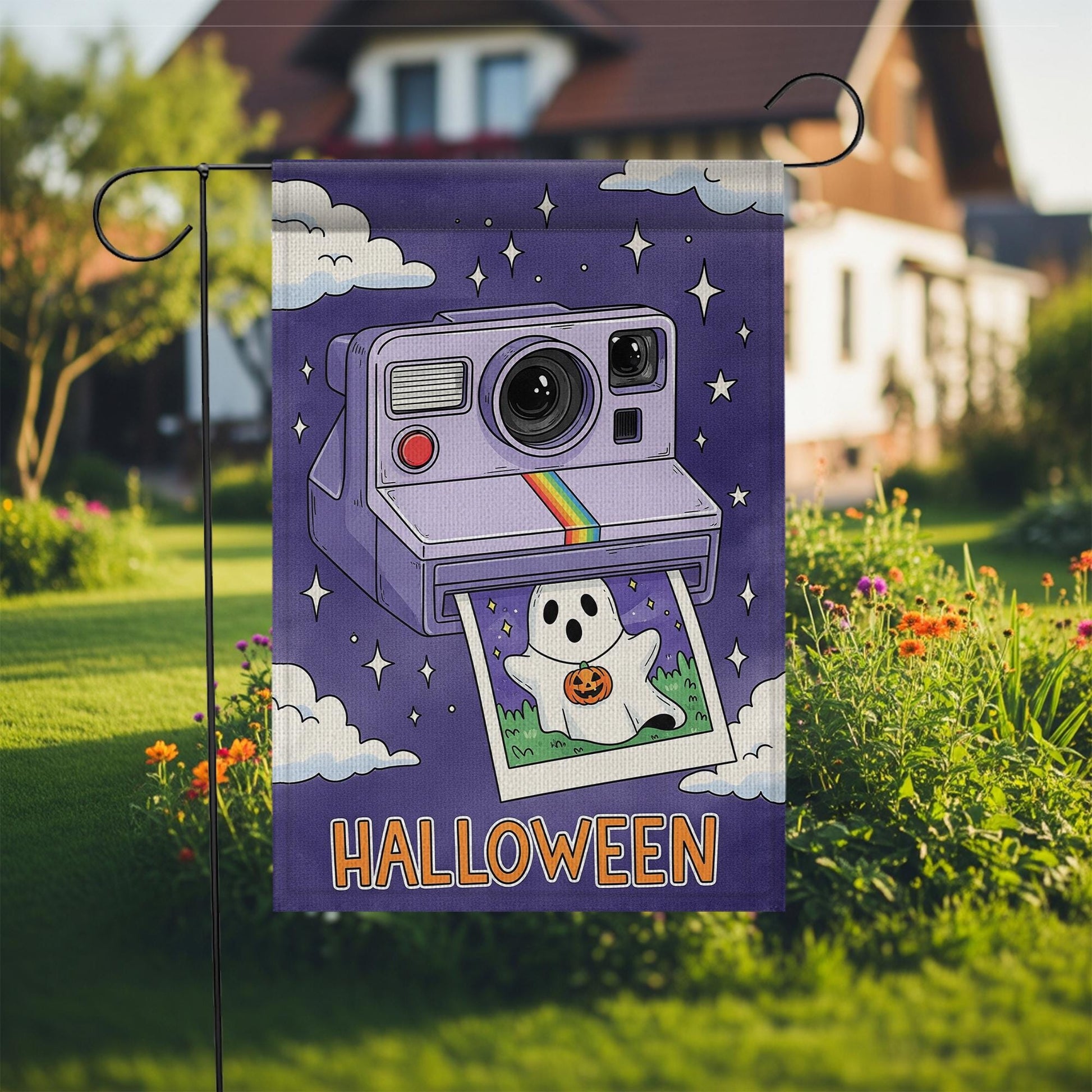 Retro Halloween Garden Flag, Cute Ghost Vintage Camera Yard Flag, Spooky Cute Fall Lawn Decor, 90s Style Outdoor Banner
