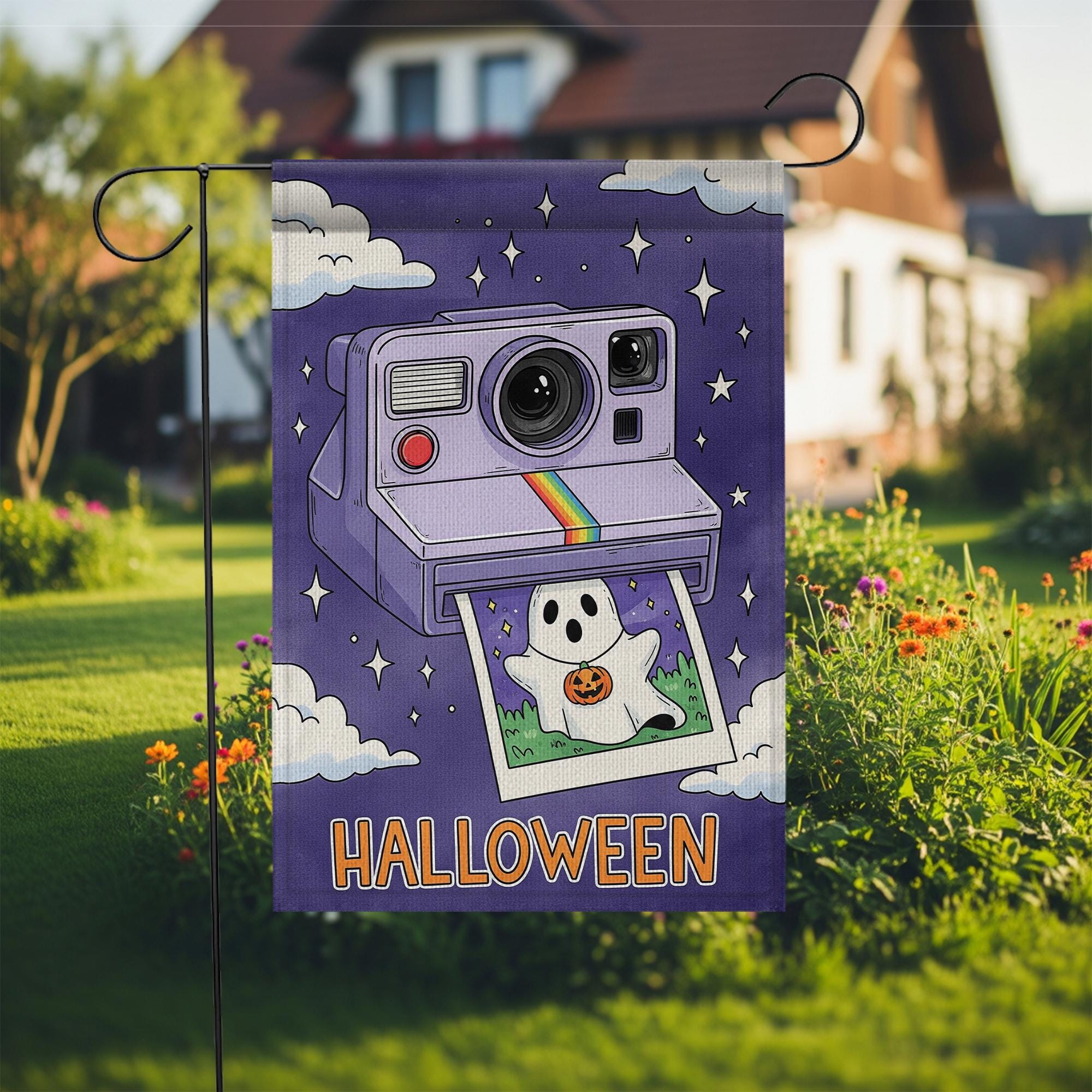 Retro Halloween Garden Flag, Cute Ghost Vintage Camera Yard Flag, Spooky Cute Fall Lawn Decor, 90s Style Outdoor Banner