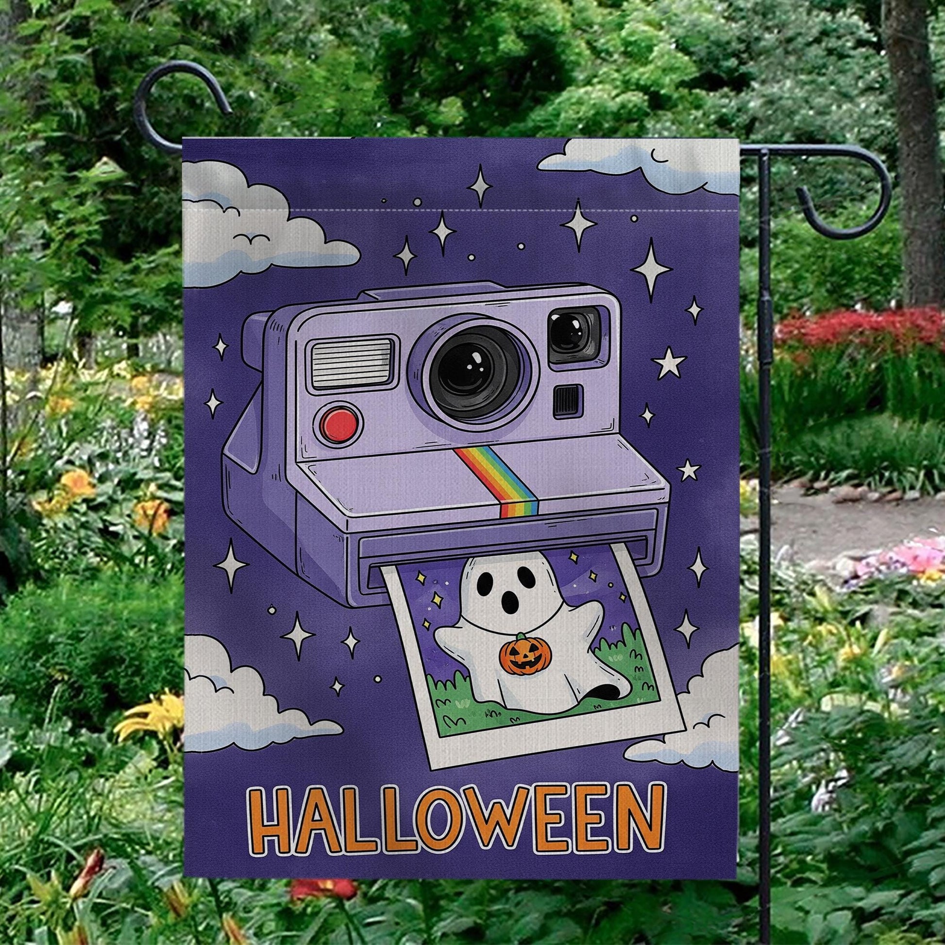 Retro Halloween Garden Flag, Cute Ghost Vintage Camera Yard Flag, Spooky Cute Fall Lawn Decor, 90s Style Outdoor Banner