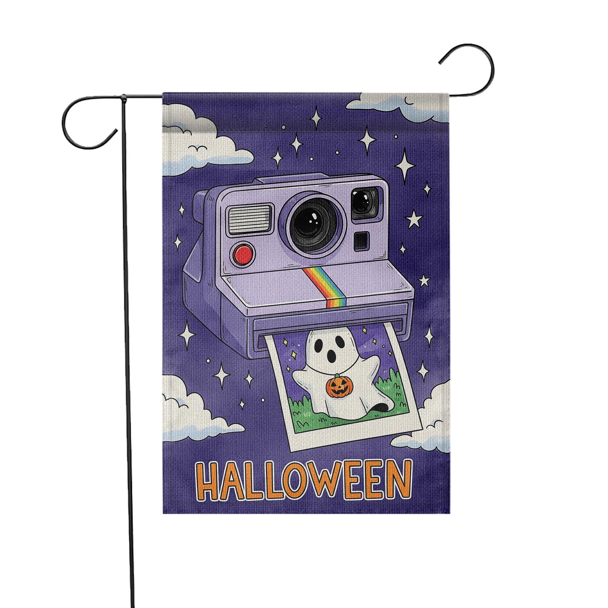 Retro Halloween Garden Flag, Cute Ghost Vintage Camera Yard Flag, Spooky Cute Fall Lawn Decor, 90s Style Outdoor Banner