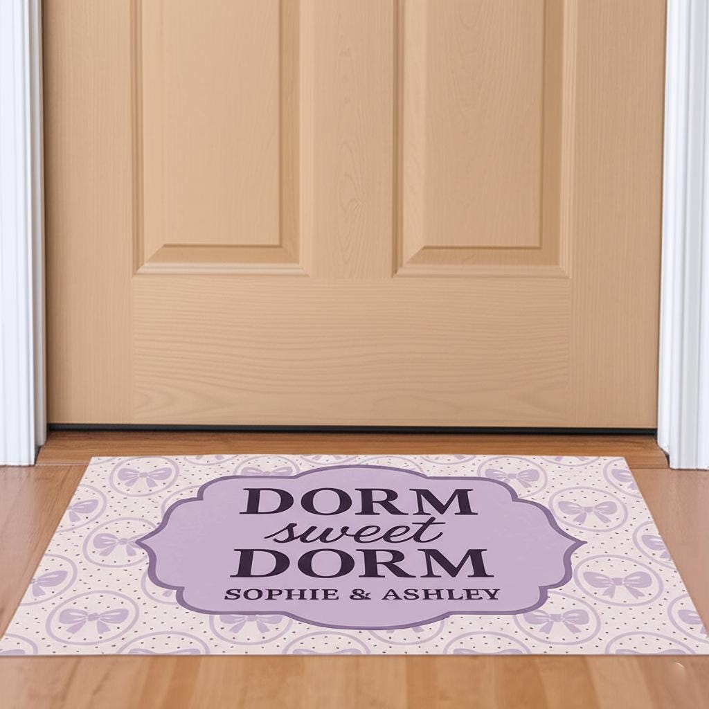 Dorm Sweet Dorm Mat, Personalized College Doormat, Custom Roommate Gift, Cute Bow Pattern Rug, Purple Dorm Decor