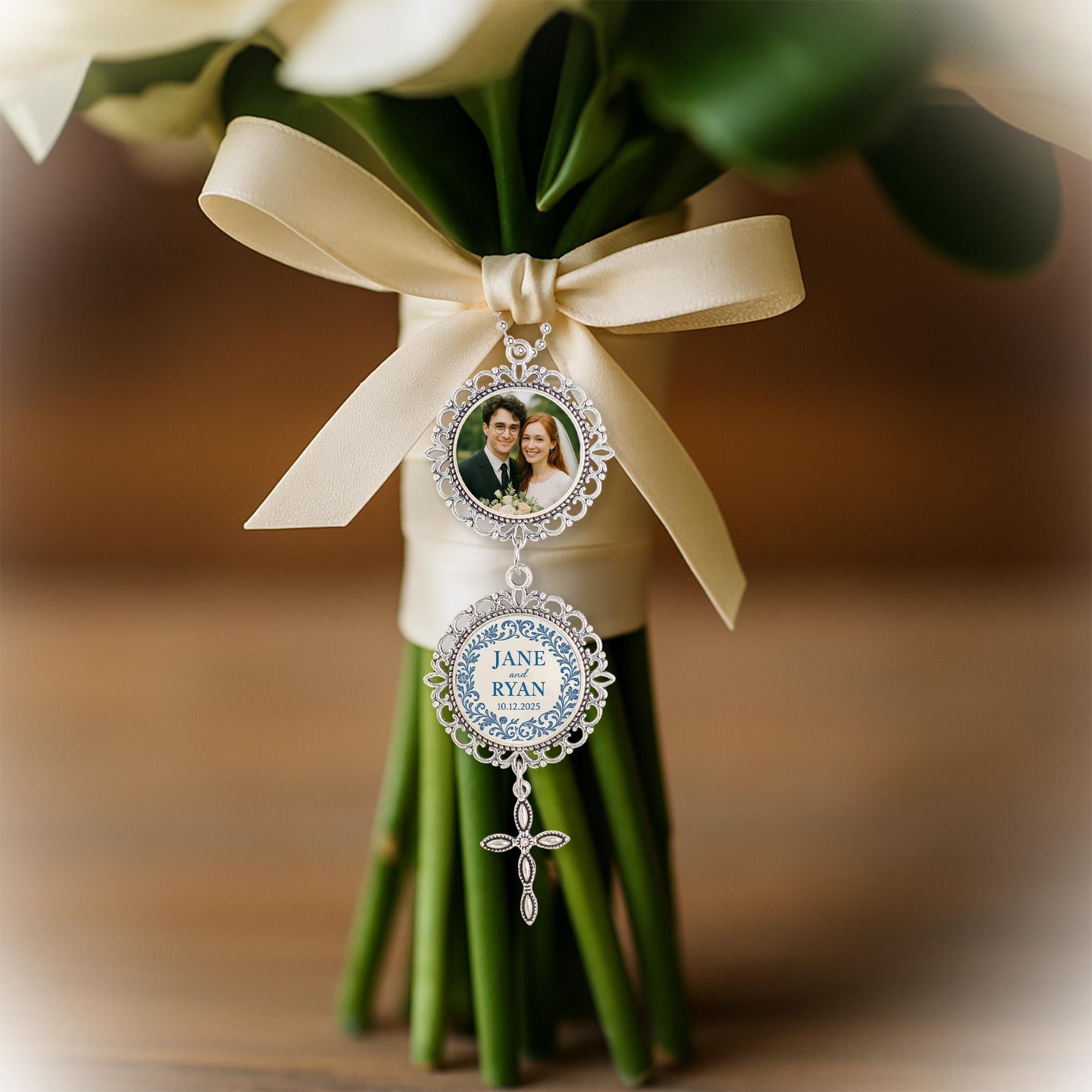 Personalized Wedding Bouquet Charm – Custom Photo & Cross Charm with Names, Date – Christian Bride Keepsake or Gift for Couple