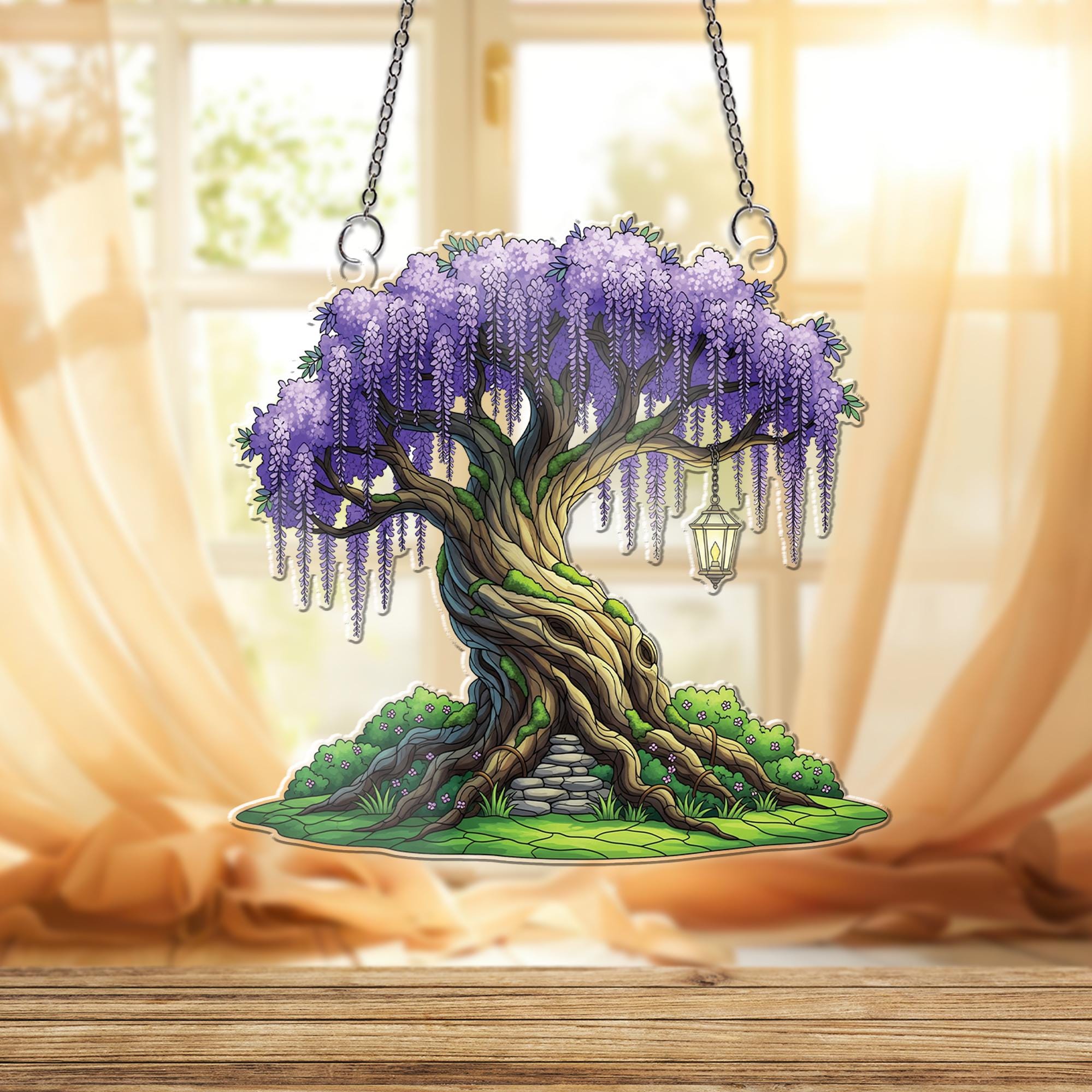 Wisteria Tree Window Hanging – Fantasy Acrylic Sun Catcher, Stained Glass Style Decor, Whimsical Home or Garden Gift, Fairycore Art Panel