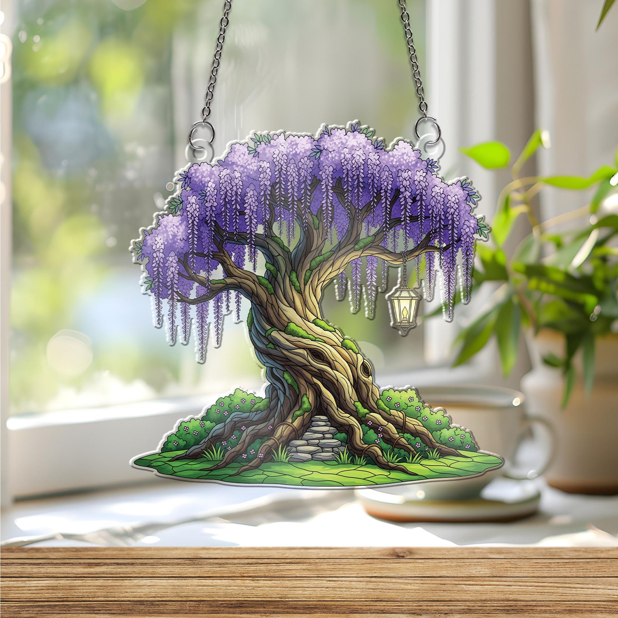 Wisteria Tree Window Hanging – Fantasy Acrylic Sun Catcher, Stained Glass Style Decor, Whimsical Home or Garden Gift, Fairycore Art Panel