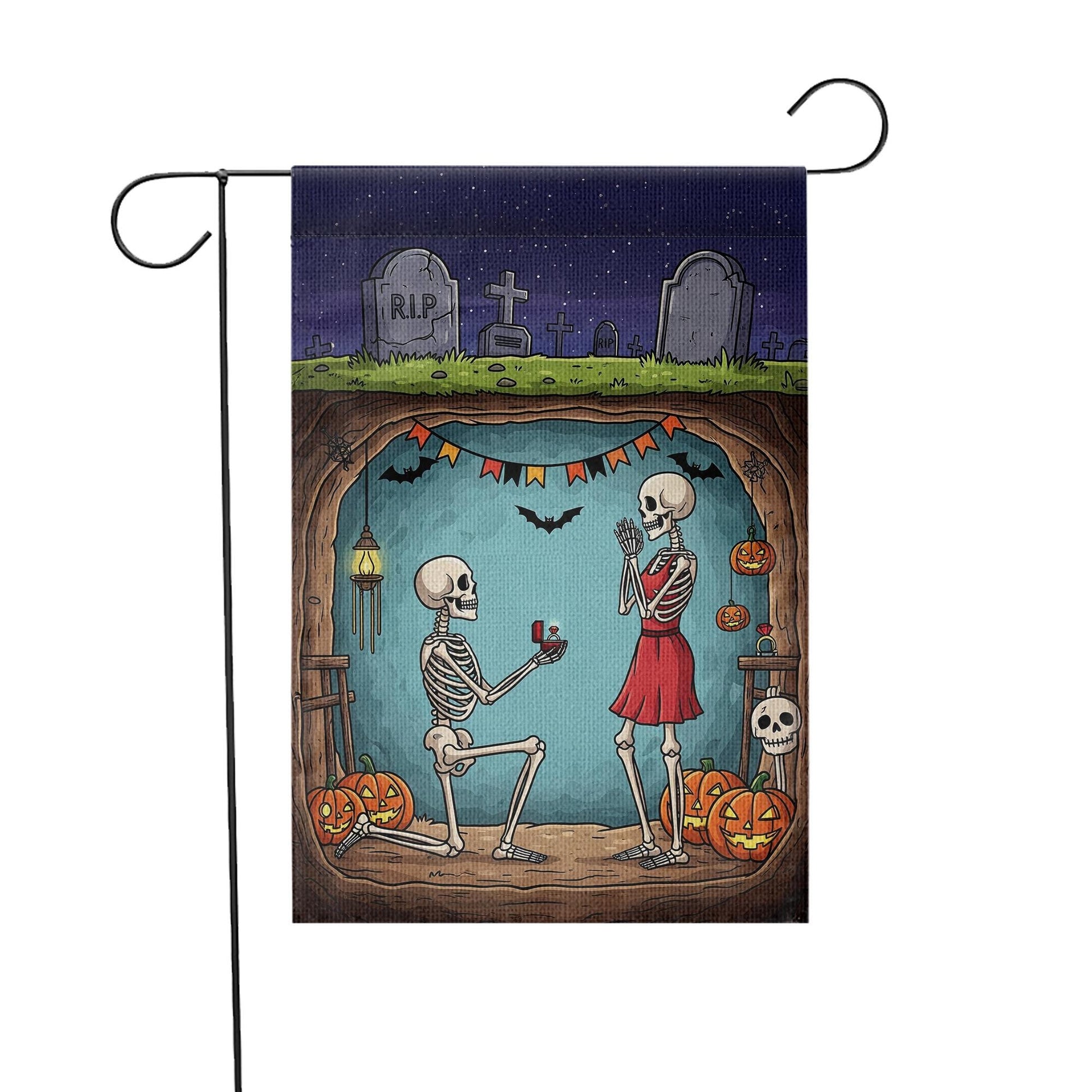 Gothic Halloween Garden Flag, Skeleton Proposal Yard Flag, Romantic Spooky Fall Lawn Decor, 'Til Death Outdoor Banner