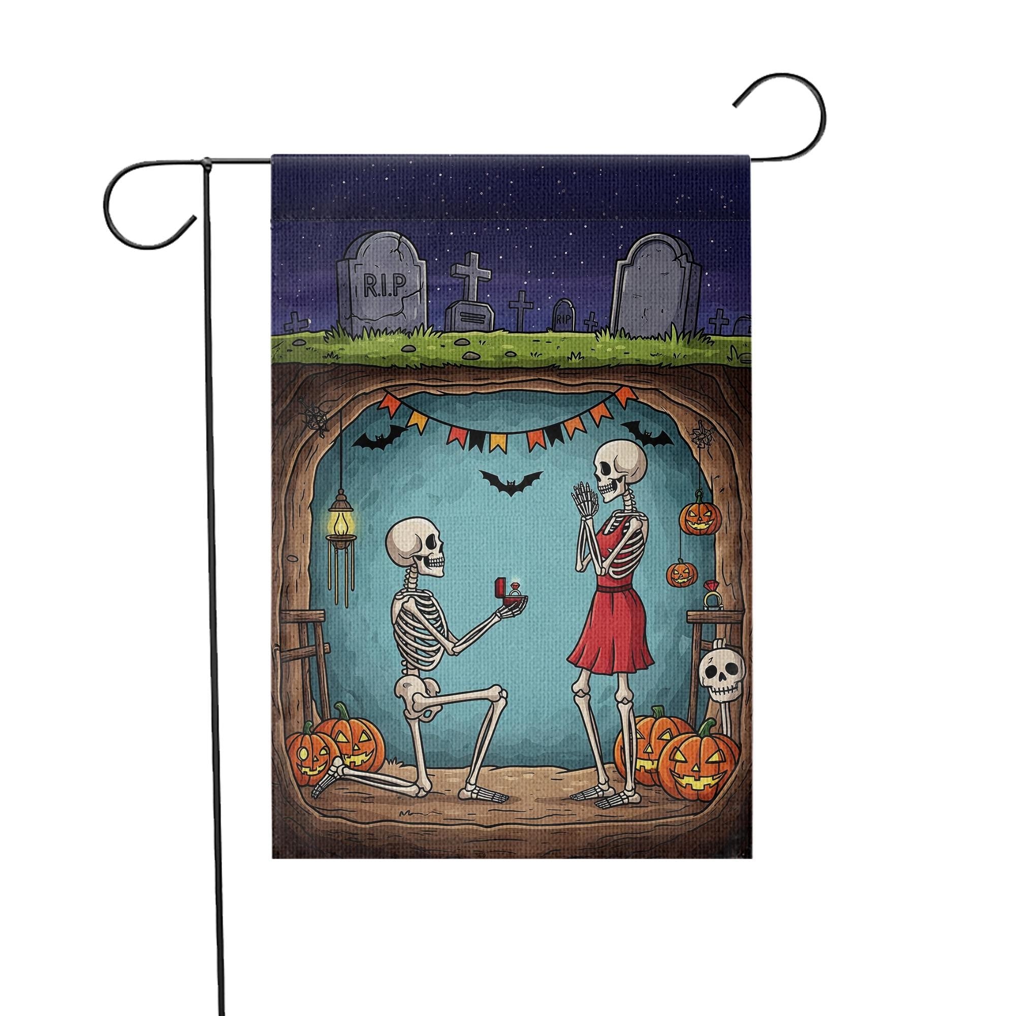 Gothic Halloween Garden Flag, Skeleton Proposal Yard Flag, Romantic Spooky Fall Lawn Decor, 'Til Death Outdoor Banner