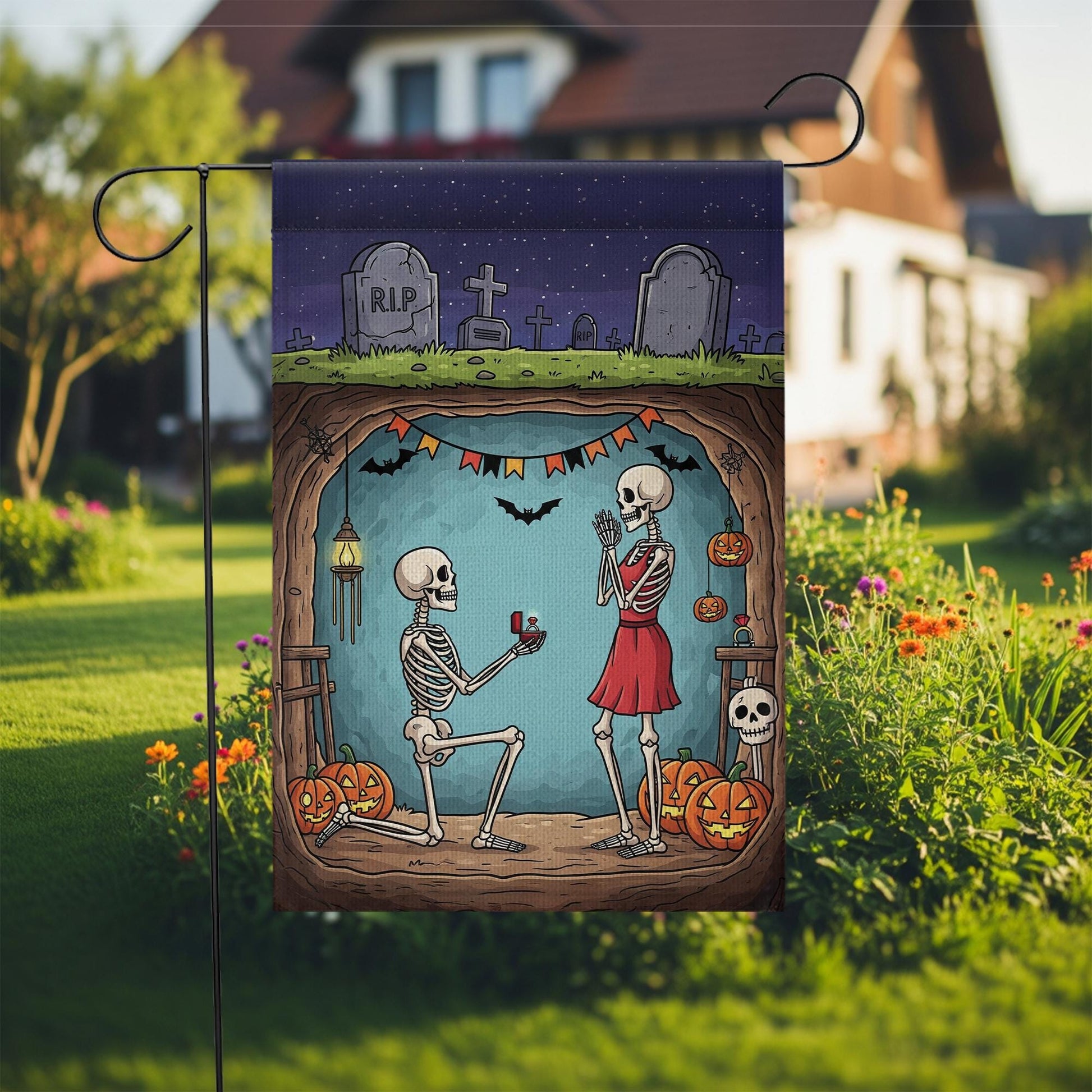 Gothic Halloween Garden Flag, Skeleton Proposal Yard Flag, Romantic Spooky Fall Lawn Decor, 'Til Death Outdoor Banner