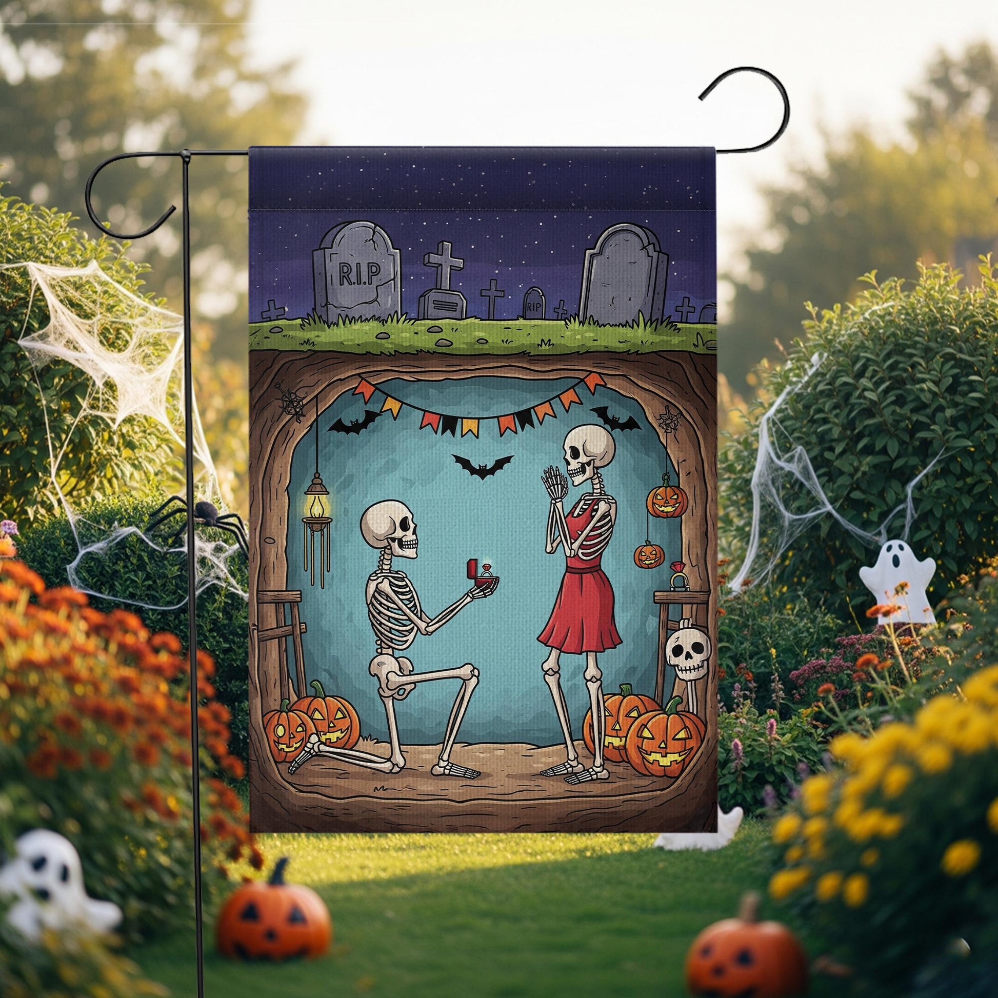 Gothic Halloween Garden Flag, Skeleton Proposal Yard Flag, Romantic Spooky Fall Lawn Decor, 'Til Death Outdoor Banner