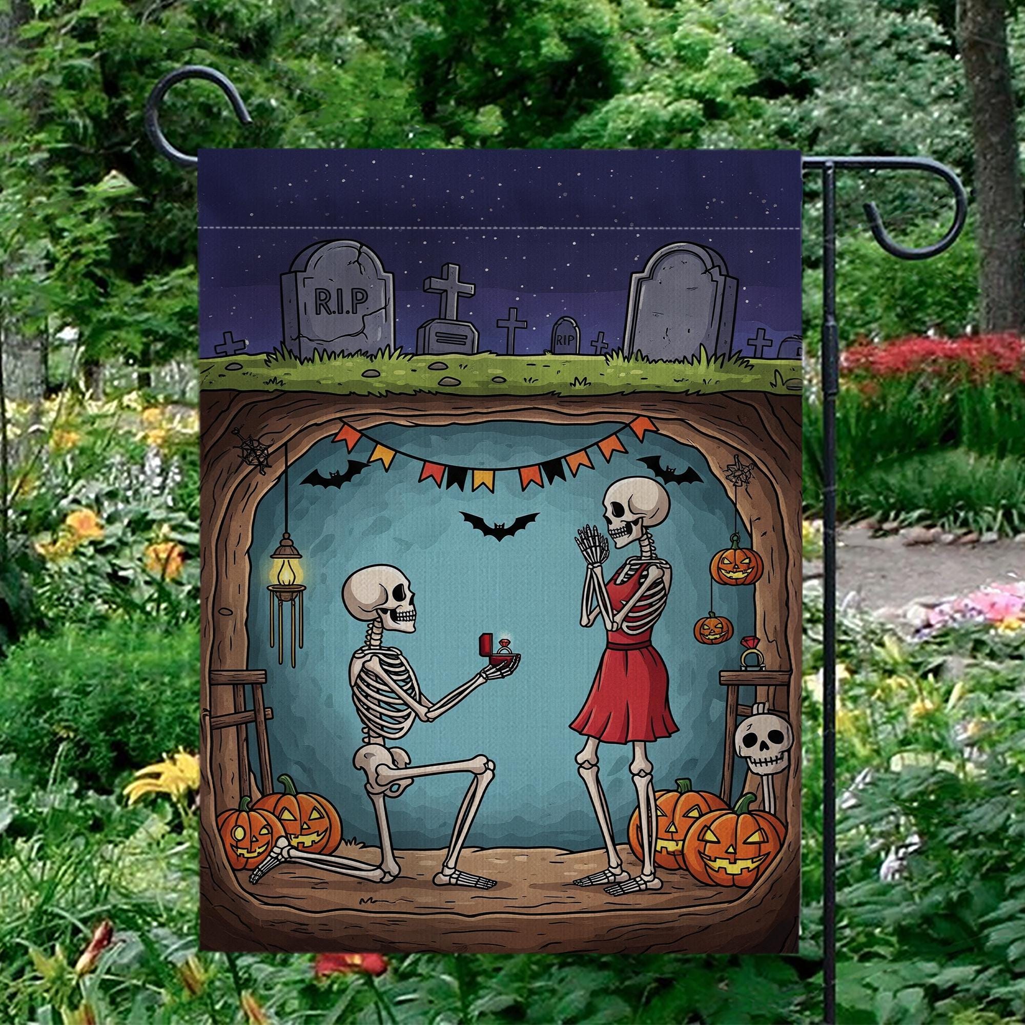 Gothic Halloween Garden Flag, Skeleton Proposal Yard Flag, Romantic Spooky Fall Lawn Decor, 'Til Death Outdoor Banner