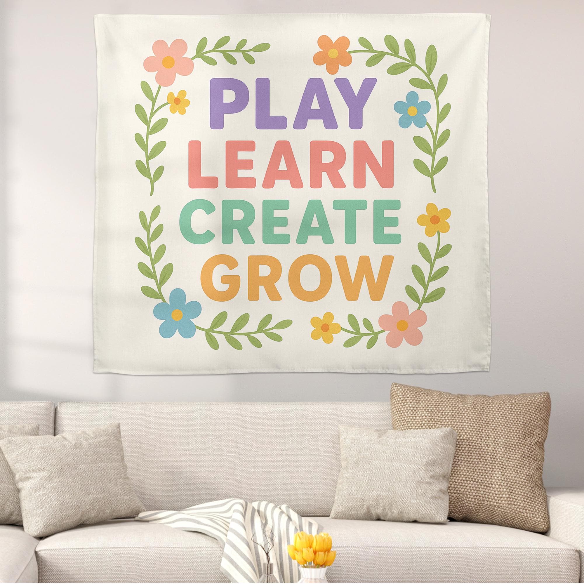 Play Learn Create Grow Tapestry, Classroom Wall Art, Preschool Teacher Decor, Kids Room Banner, Colorful Motivational Poster