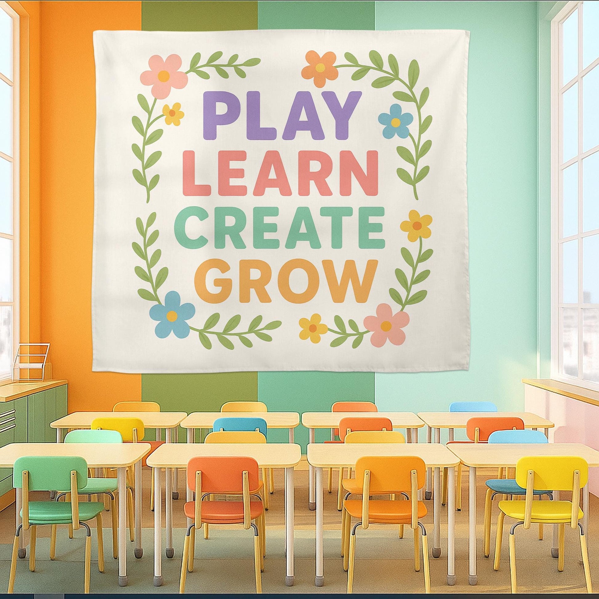 Play Learn Create Grow Tapestry, Classroom Wall Art, Preschool Teacher Decor, Kids Room Banner, Colorful Motivational Poster