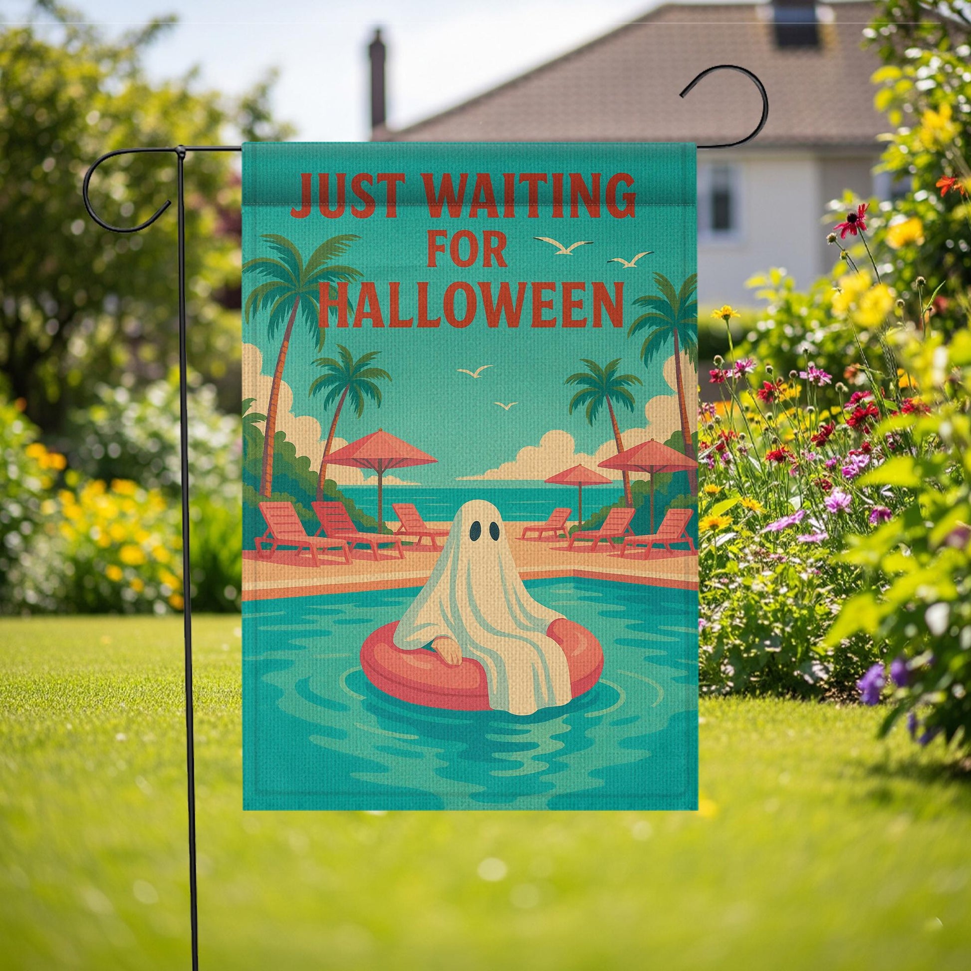 Funny Halloween Garden Flag, Just Waiting for Halloween Sign, Ghost Pool Decor, Summer Spooky Yard Flag, Fall Outdoor Decoration