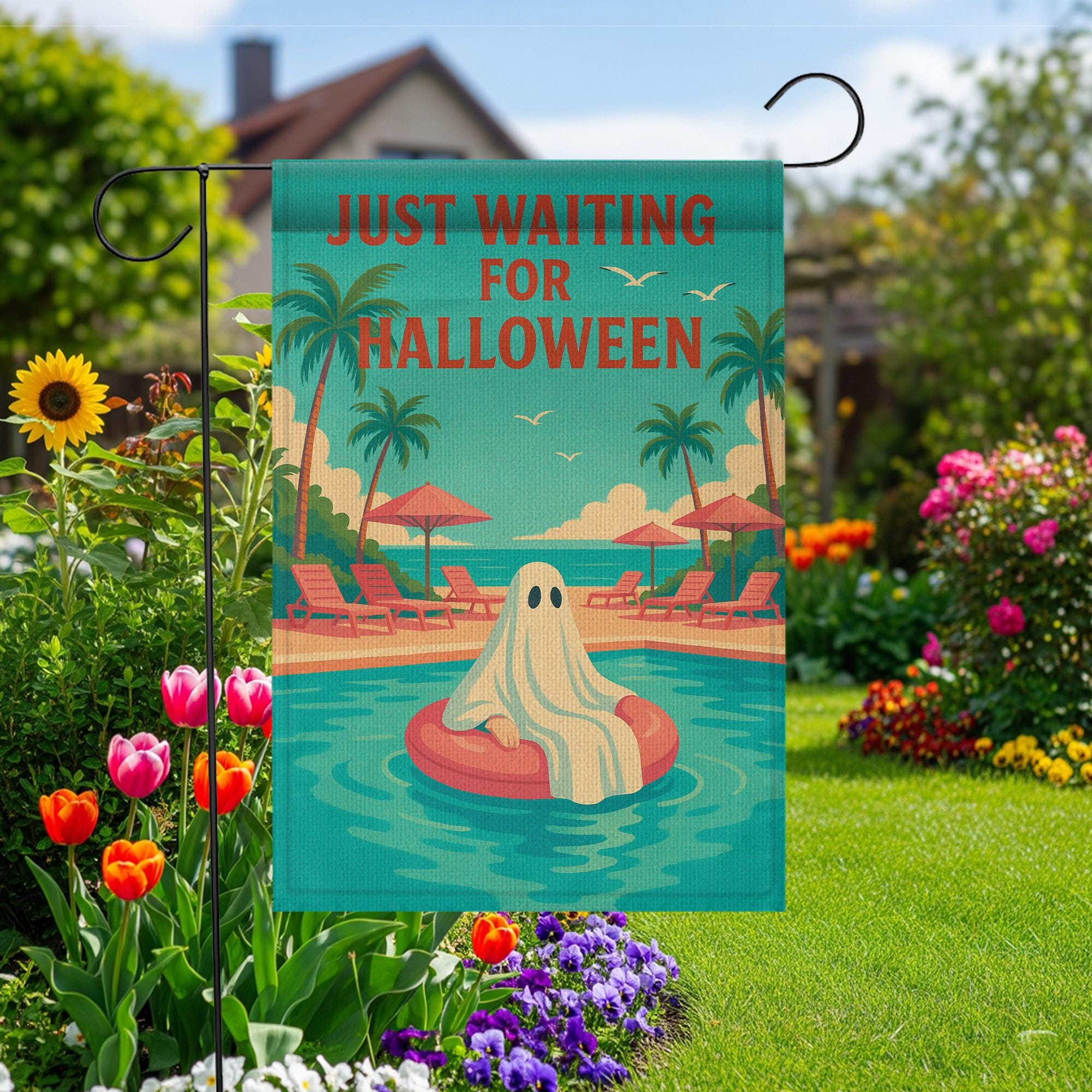 Funny Halloween Garden Flag, Just Waiting for Halloween Sign, Ghost Pool Decor, Summer Spooky Yard Flag, Fall Outdoor Decoration