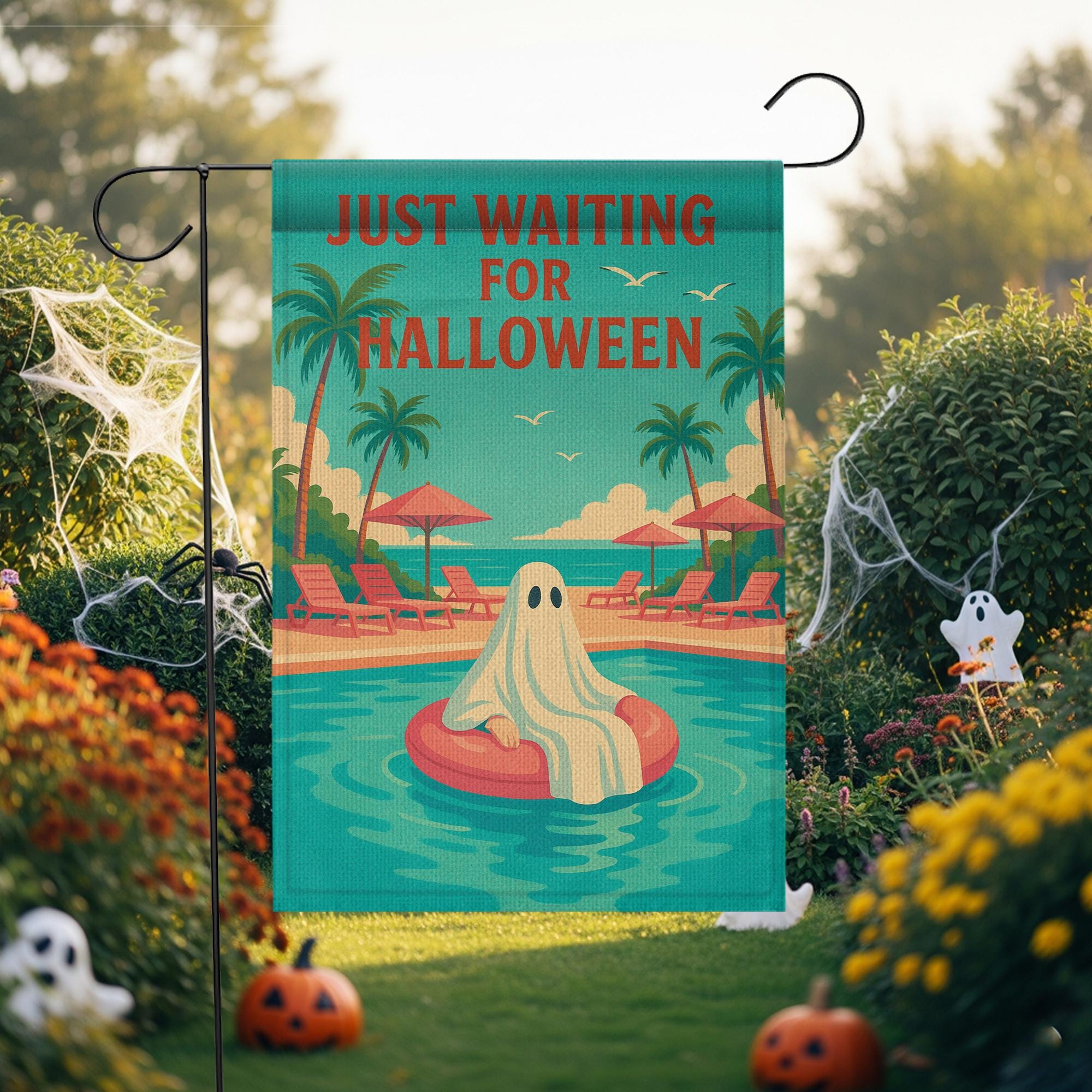 Funny Halloween Garden Flag, Just Waiting for Halloween Sign, Ghost Pool Decor, Summer Spooky Yard Flag, Fall Outdoor Decoration