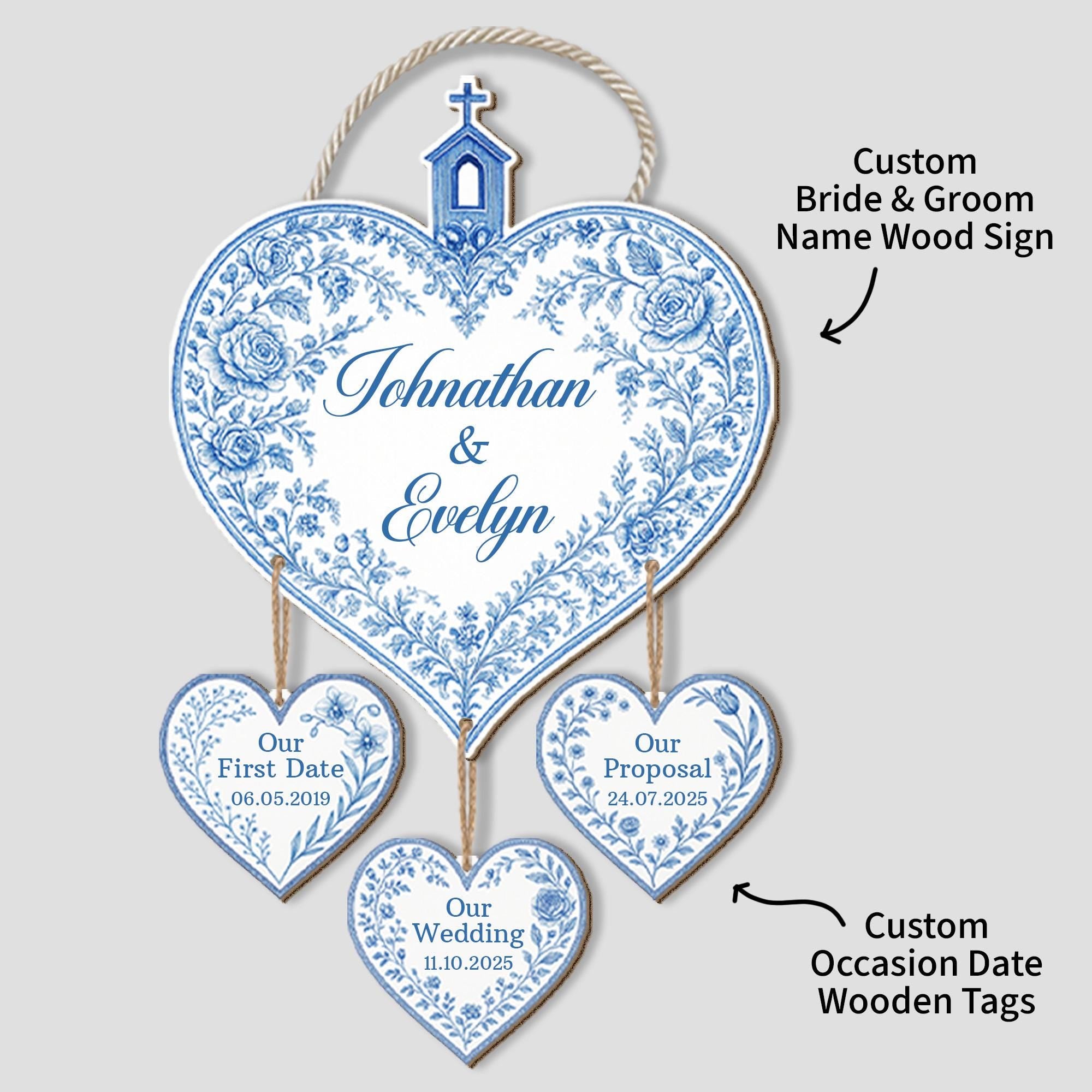 Custom Heart Wedding Wood Sign with Hanging Date Tags – Personalized Bride & Groom Name Sign – Engagement, Proposal, or Anniversary Gifts