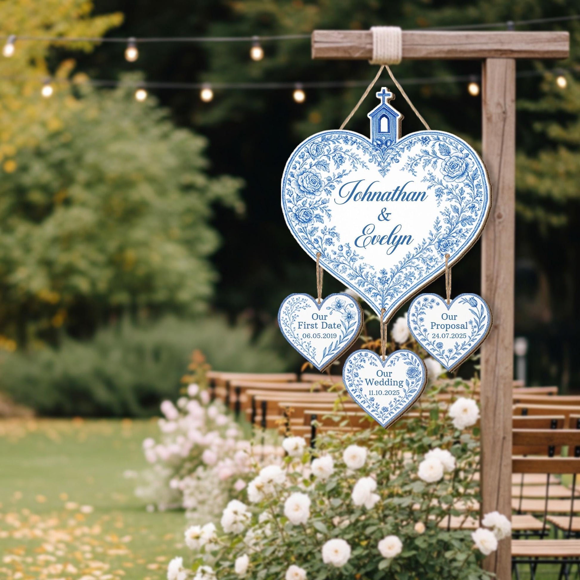 Custom Heart Wedding Wood Sign with Hanging Date Tags – Personalized Bride & Groom Name Sign – Engagement, Proposal, or Anniversary Gifts