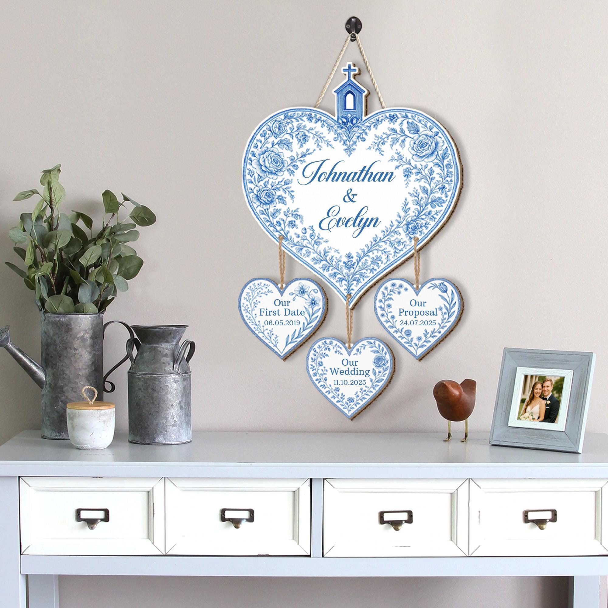 Custom Heart Wedding Wood Sign with Hanging Date Tags – Personalized Bride & Groom Name Sign – Engagement, Proposal, or Anniversary Gifts