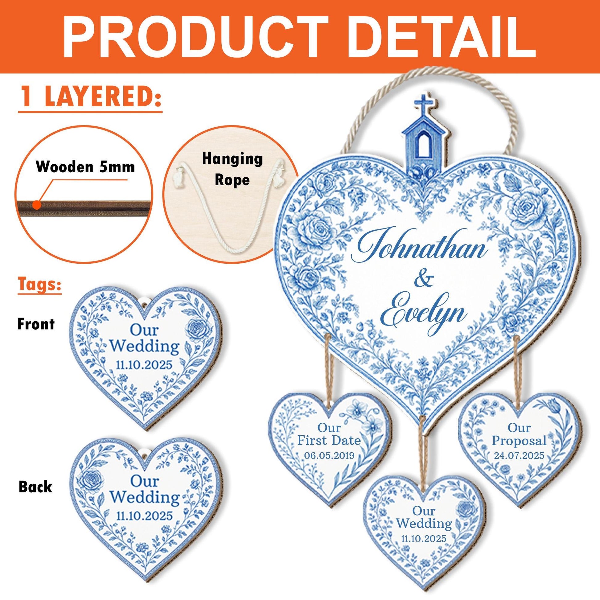 Custom Heart Wedding Wood Sign with Hanging Date Tags – Personalized Bride & Groom Name Sign – Engagement, Proposal, or Anniversary Gifts